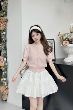 Luxury Thousand Gold Slimming Waist Contrast Color Fake Two-Piece Short Sleeve Cardigan Jacket with Puff Skirt for Women