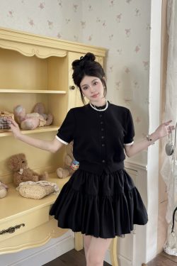 Luxury Thousand Gold Slimming Waist Contrast Color Fake Two-Piece Short Sleeve Cardigan Jacket with Puff Skirt for Women