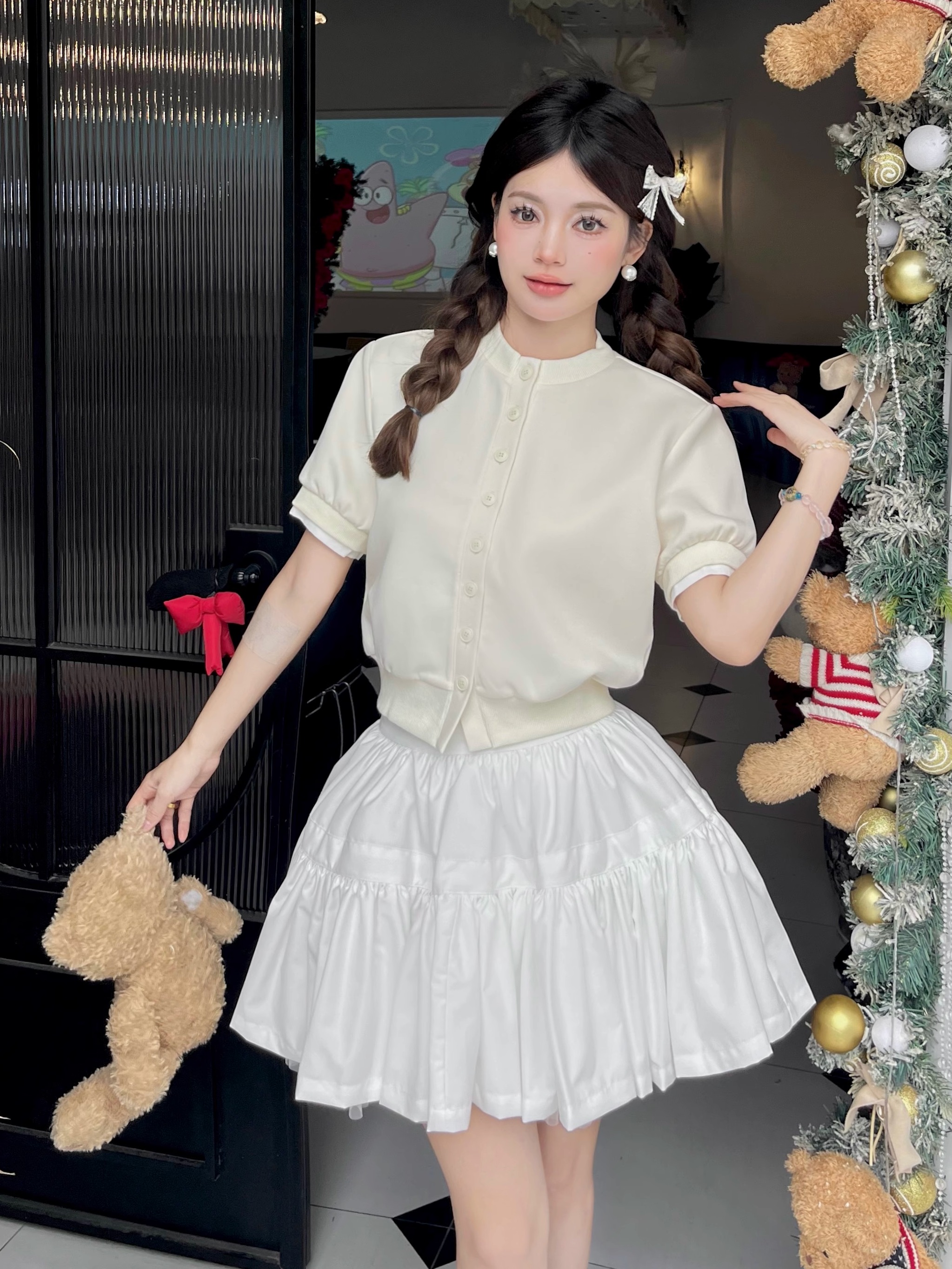 Luxury Thousand Gold Slimming Waist Contrast Color Fake Two-Piece Short Sleeve Cardigan Jacket with Puff Skirt for Women