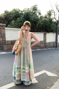 Mint Candy Retro Tencel Linen Vest Dress for Women - Summer Loose A-Line Long Skirt in Vintage Style
