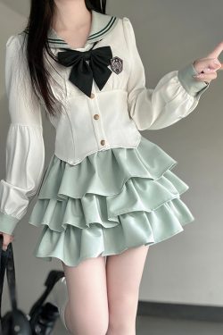 Navy Blue JK Uniform Sailor Suit with Pink Short Sleeve Top & Skirt Set - Women's College Style Pudding Bear Inspired Fashion