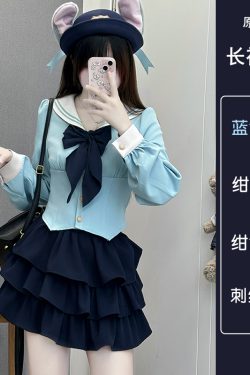 Navy Blue JK Uniform Sailor Suit with Pink Short Sleeve Top & Skirt Set - Women's College Style Pudding Bear Inspired Fashion