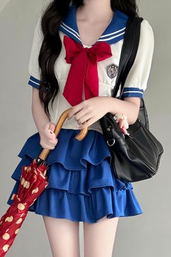 Navy Blue JK Uniform Sailor Suit with Pink Short Sleeve Top & Skirt Set - Women's College Style Pudding Bear Inspired Fashion