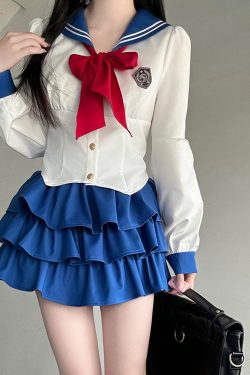 Navy Blue JK Uniform Sailor Suit with Pink Short Sleeve Top & Skirt Set - Women's College Style Pudding Bear Inspired Fashion
