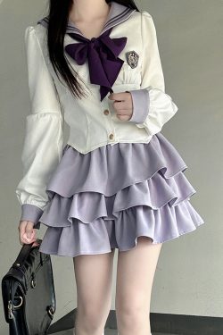 Navy Blue JK Uniform Sailor Suit with Pink Short Sleeve Top & Skirt Set - Women's College Style Pudding Bear Inspired Fashion