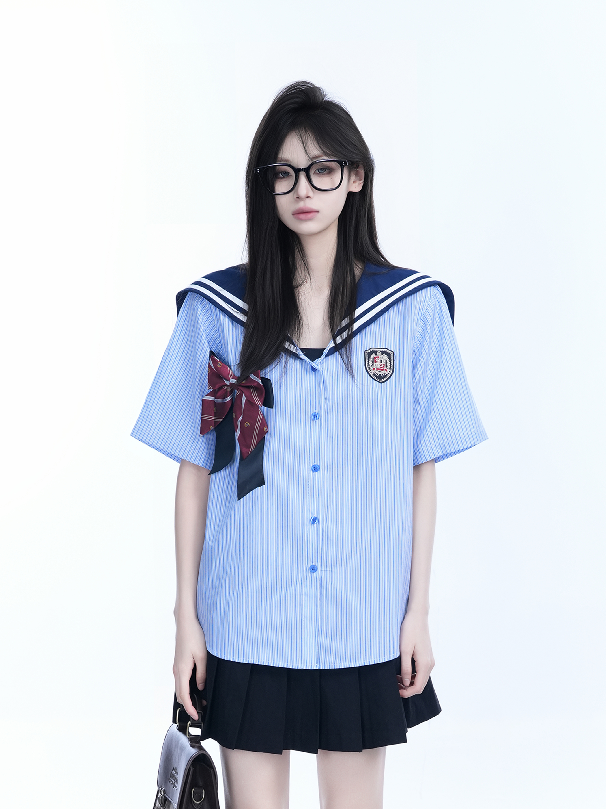 Navy Collar Bow Short-Sleeve Blouse for Women - Trendy Loose College Style Top with Unique Design