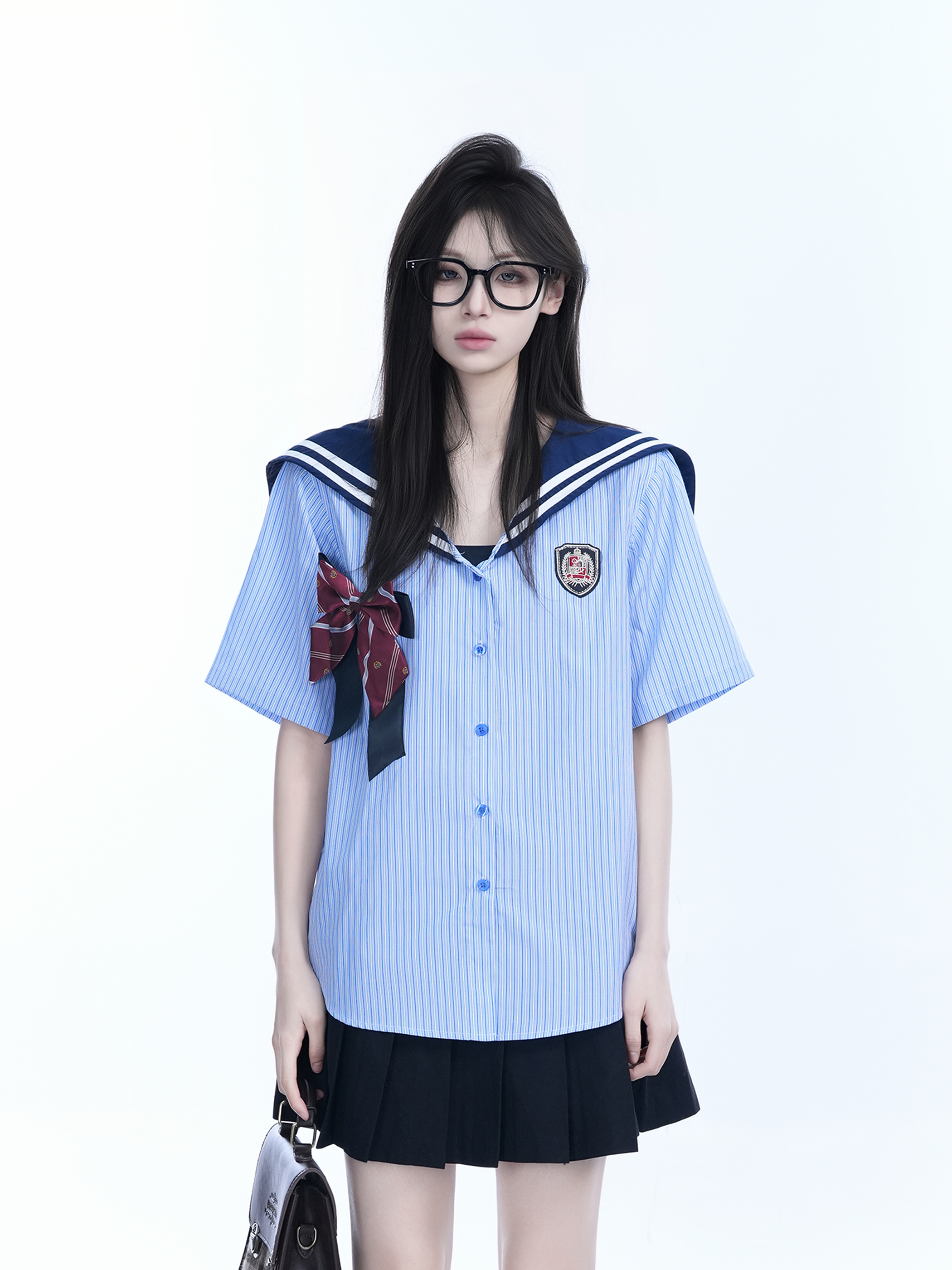 Navy Collar Bow Short-Sleeve Blouse for Women - Trendy Loose College Style Top with Unique Design