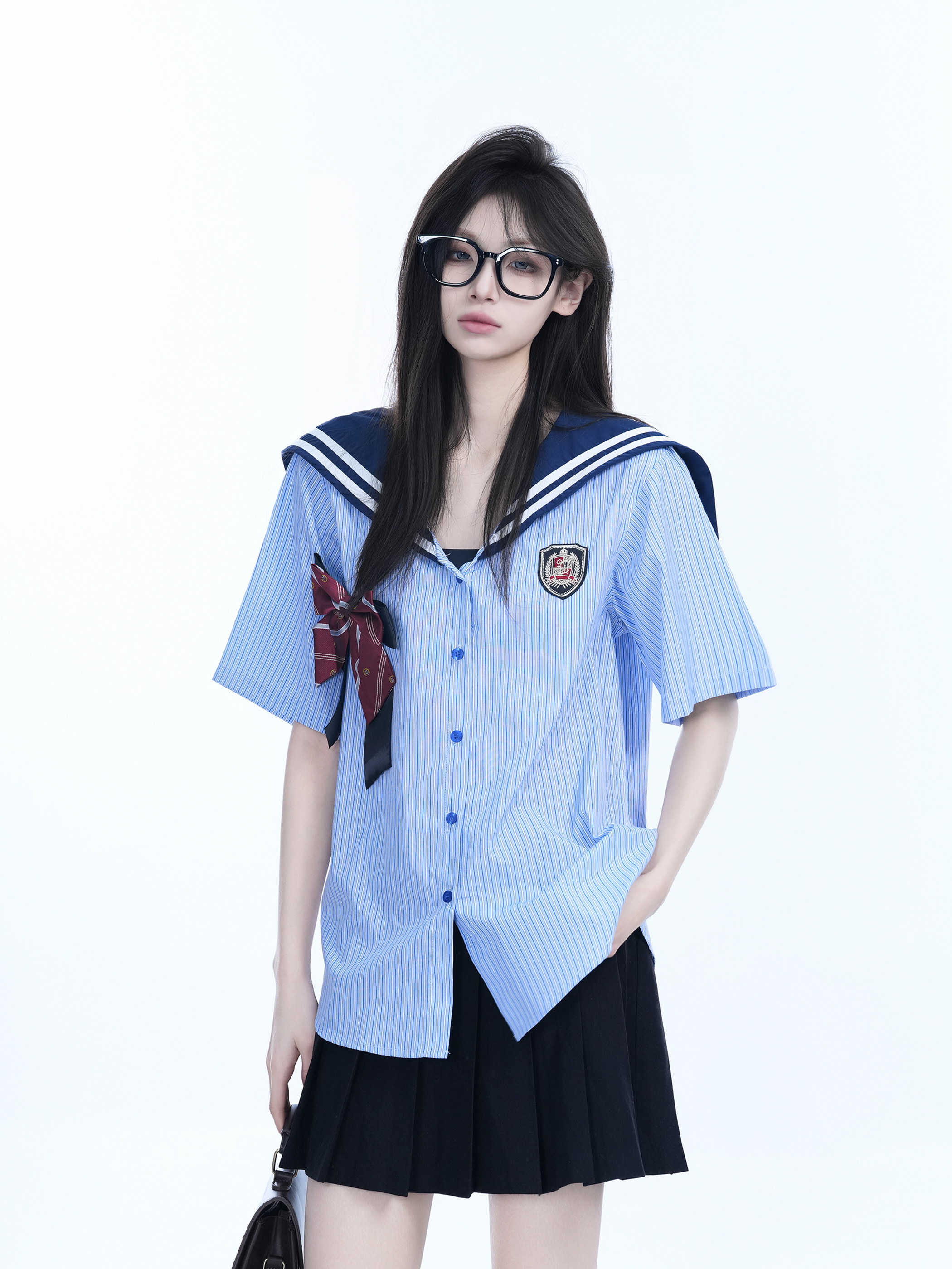 Navy Collar Bow Short-Sleeve Blouse for Women - Trendy Loose College Style Top with Unique Design