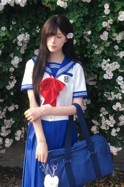 Navy Collar Sailor Suit Set - Japanese JK Uniform with Waist-Defined Short Sleeves - College Style Pudding Bear Design for Students