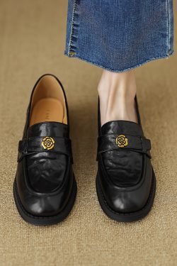 Non-Luxury Genuine Leather Camellia Slip-On Loafers for Women - 2025 Retro Low Heeled Flats, Vintage Inspired Fashion