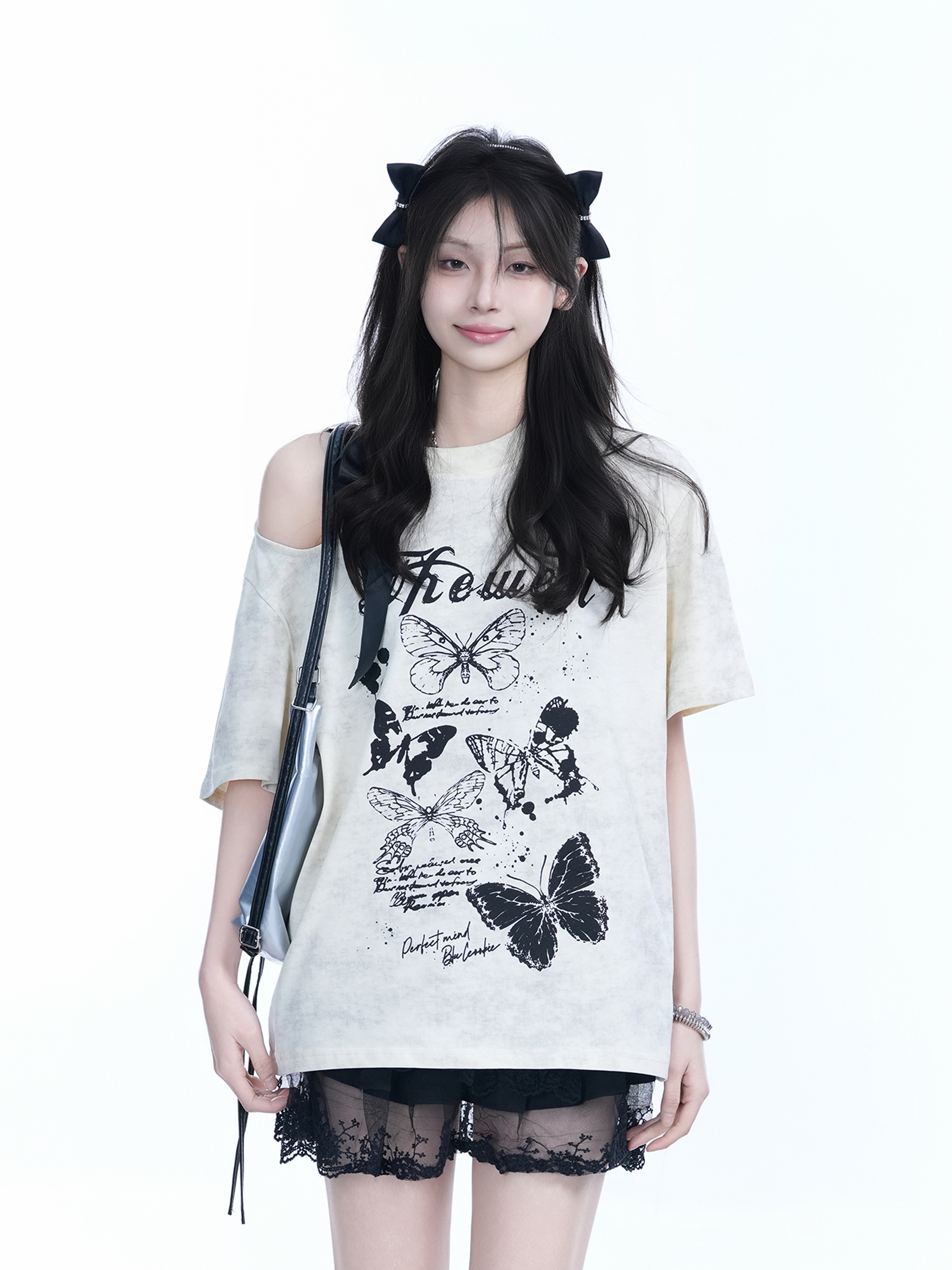 Off-Shoulder Butterfly Knot Tie Short Sleeve T-Shirt for Women - Summer Loose Fit Casual Top, Sweet Cool Style, Y2K Aesthetic