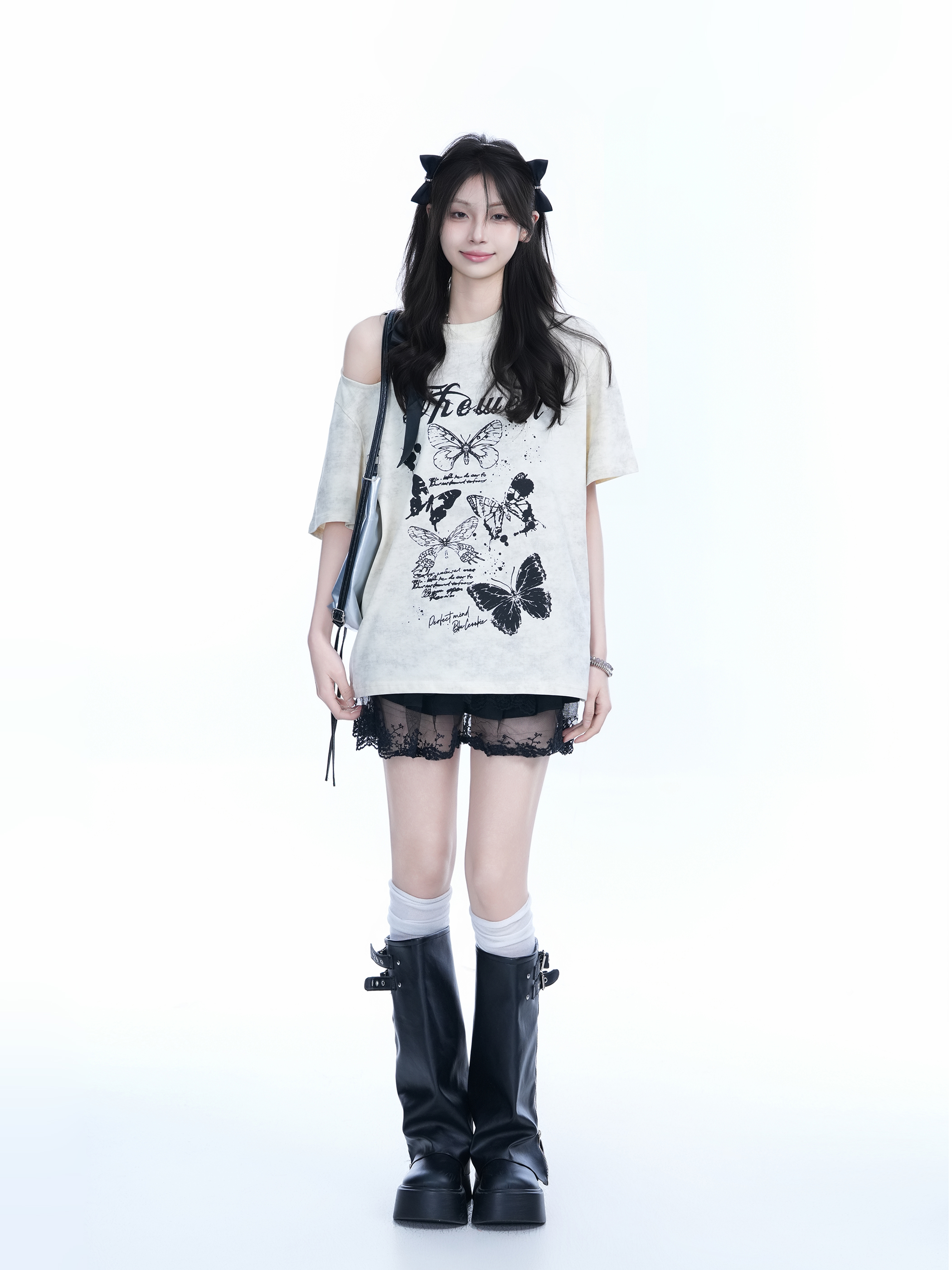 Off-Shoulder Butterfly Knot Tie Short Sleeve T-Shirt for Women - Summer Loose Fit Casual Top, Sweet Cool Style, Y2K Aesthetic