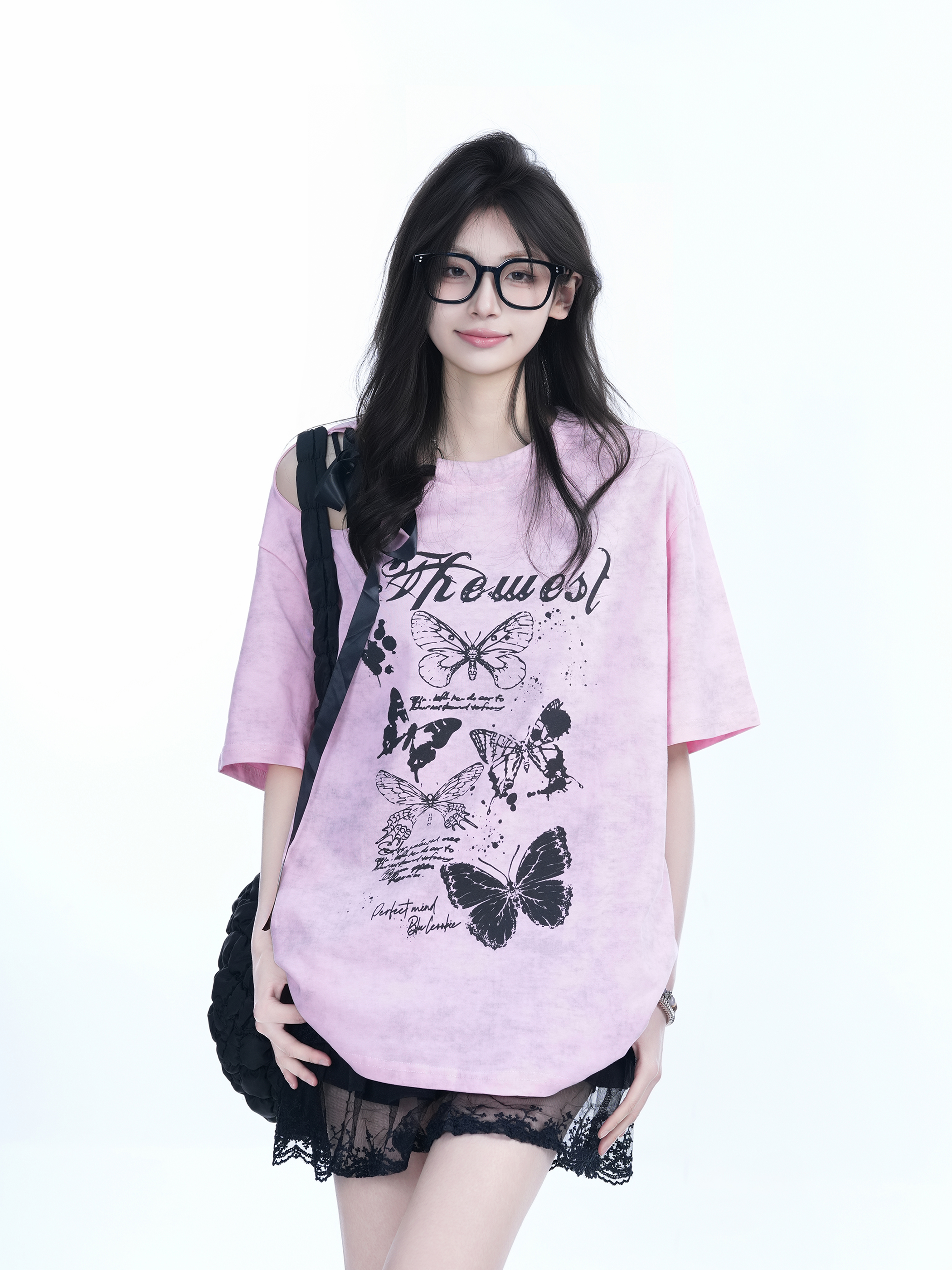 Off-Shoulder Butterfly Knot Tie Short Sleeve T-Shirt for Women - Summer Loose Fit Casual Top, Sweet Cool Style, Y2K Aesthetic