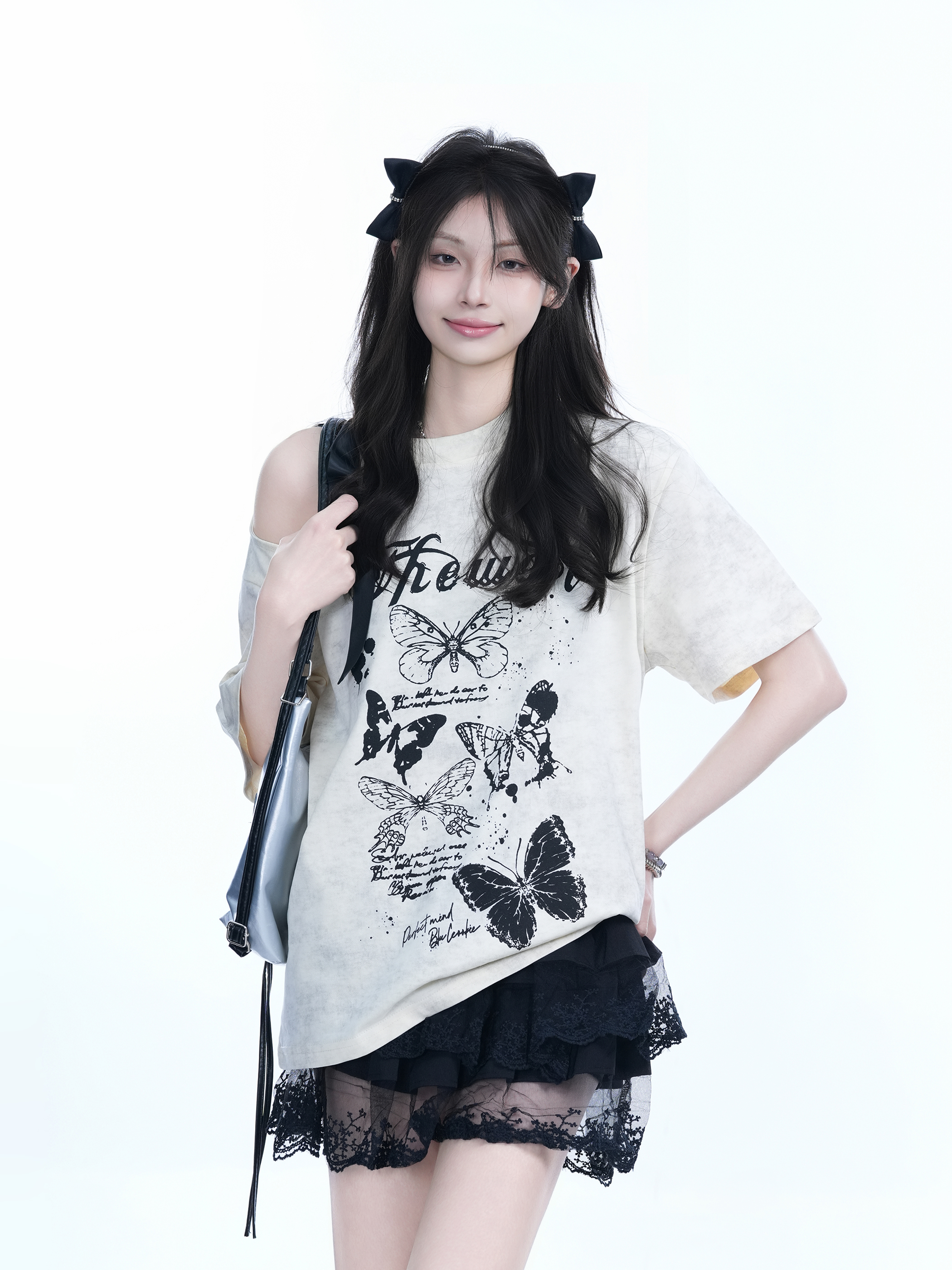 Off-Shoulder Butterfly Knot Tie Short Sleeve T-Shirt for Women - Summer Loose Fit Casual Top, Sweet Cool Style, Y2K Aesthetic