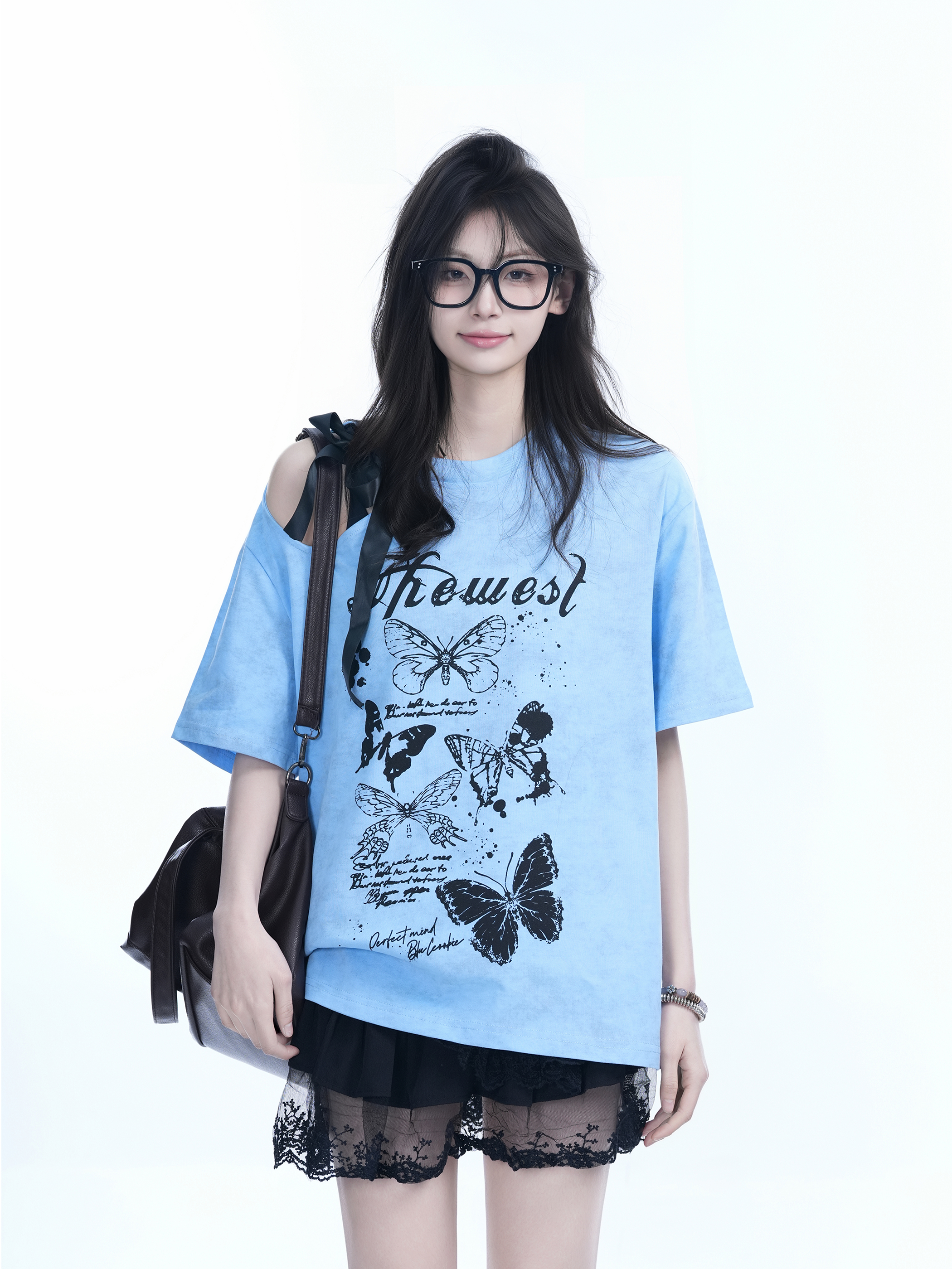 Off-Shoulder Butterfly Knot Tie Short Sleeve T-Shirt for Women - Summer Loose Fit Casual Top, Sweet Cool Style, Y2K Aesthetic