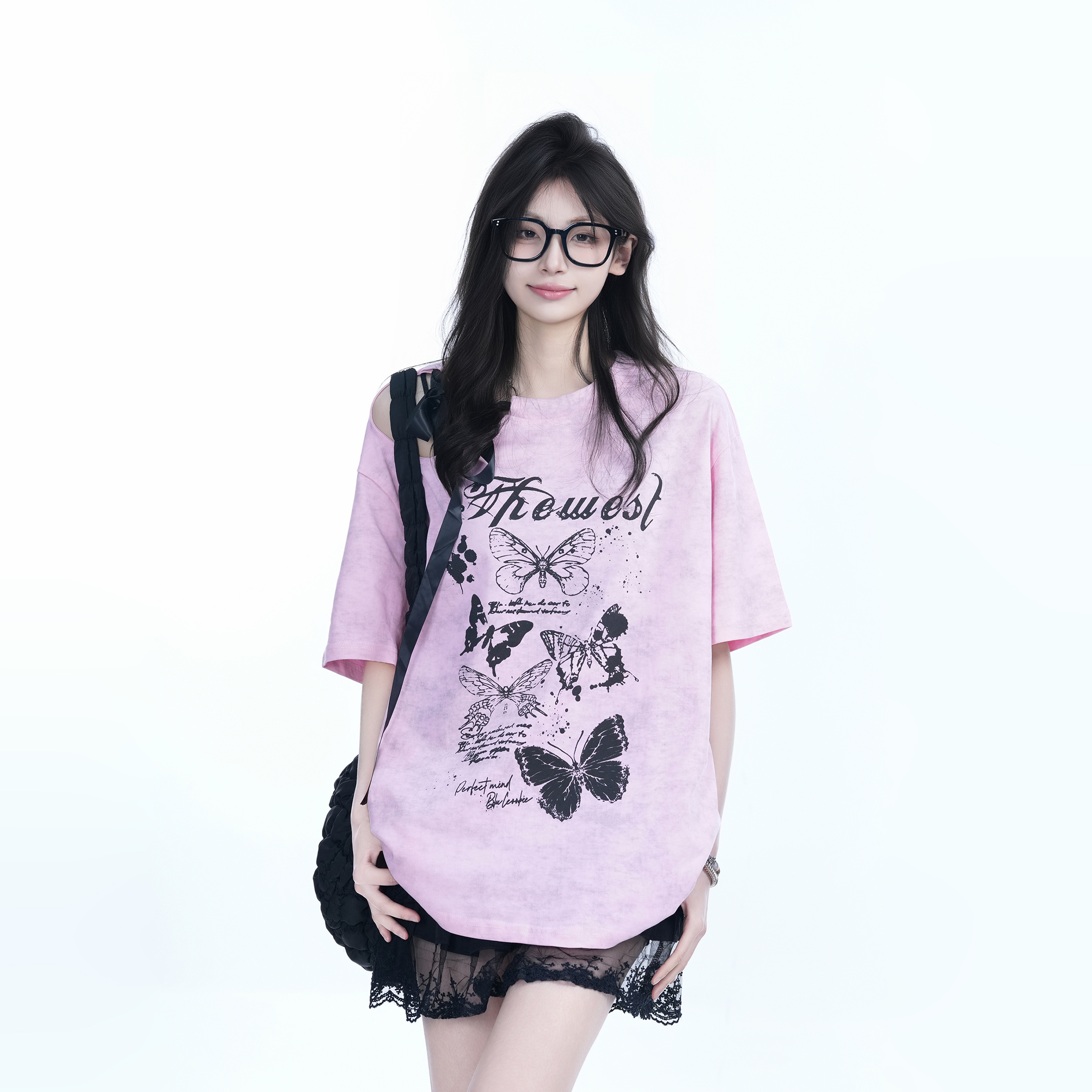 Off-Shoulder Butterfly Knot Tie Short Sleeve T-Shirt for Women - Summer Loose Fit Casual Top, Sweet Cool Style, Y2K Aesthetic