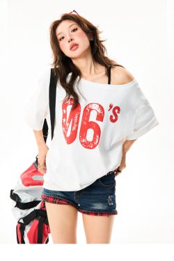 Off-Shoulder Short Sleeve T-Shirt for Women - Vintage Digital Print, Loose Fit, Summer Versatile Top, Y2K Style