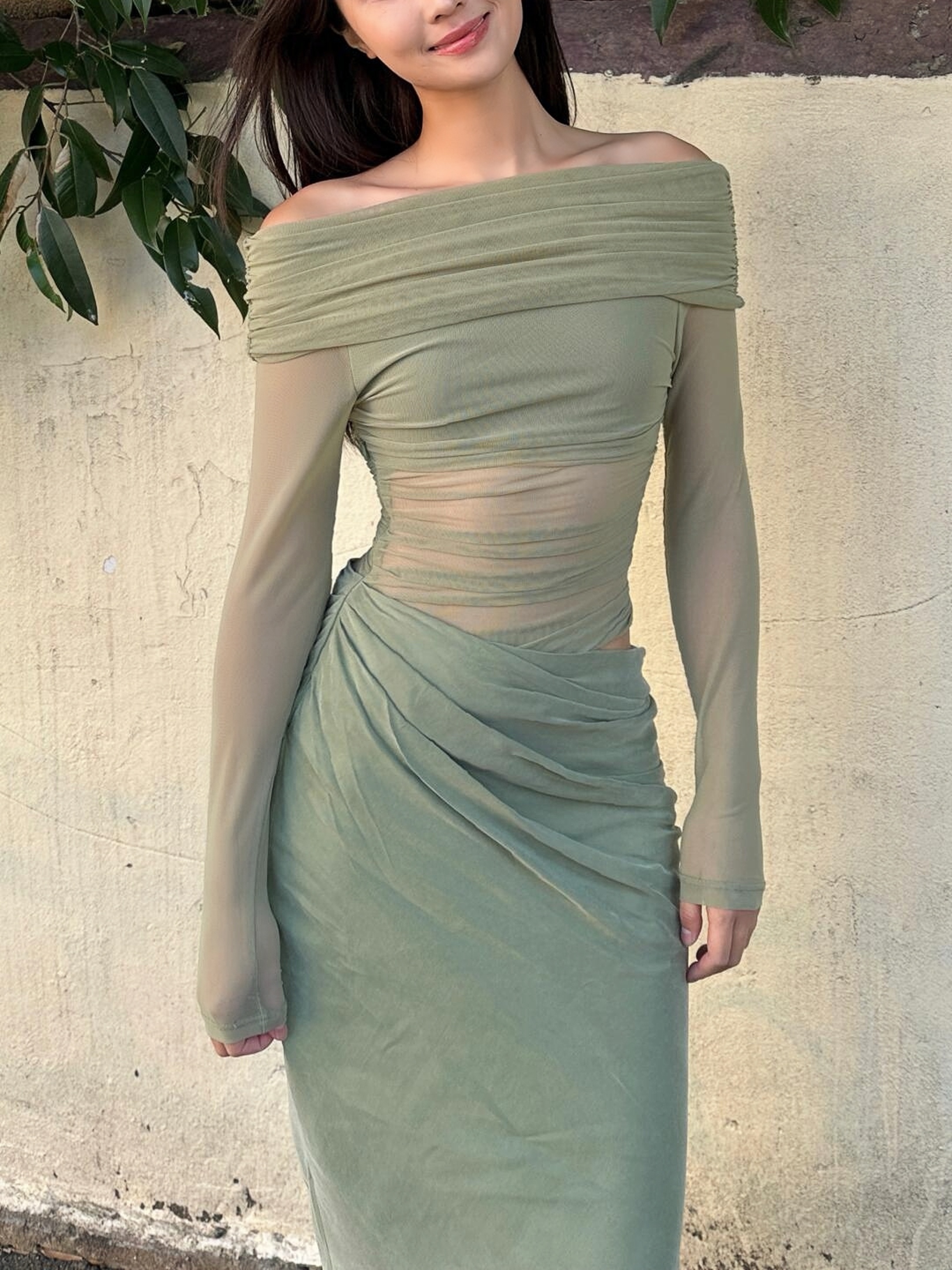 One-Shoulder Spicy Sexy Mesh Dress with Waist-Showing Design – Slightly Sheer Long Skirt, Trendy Korean Style for a Bold Look