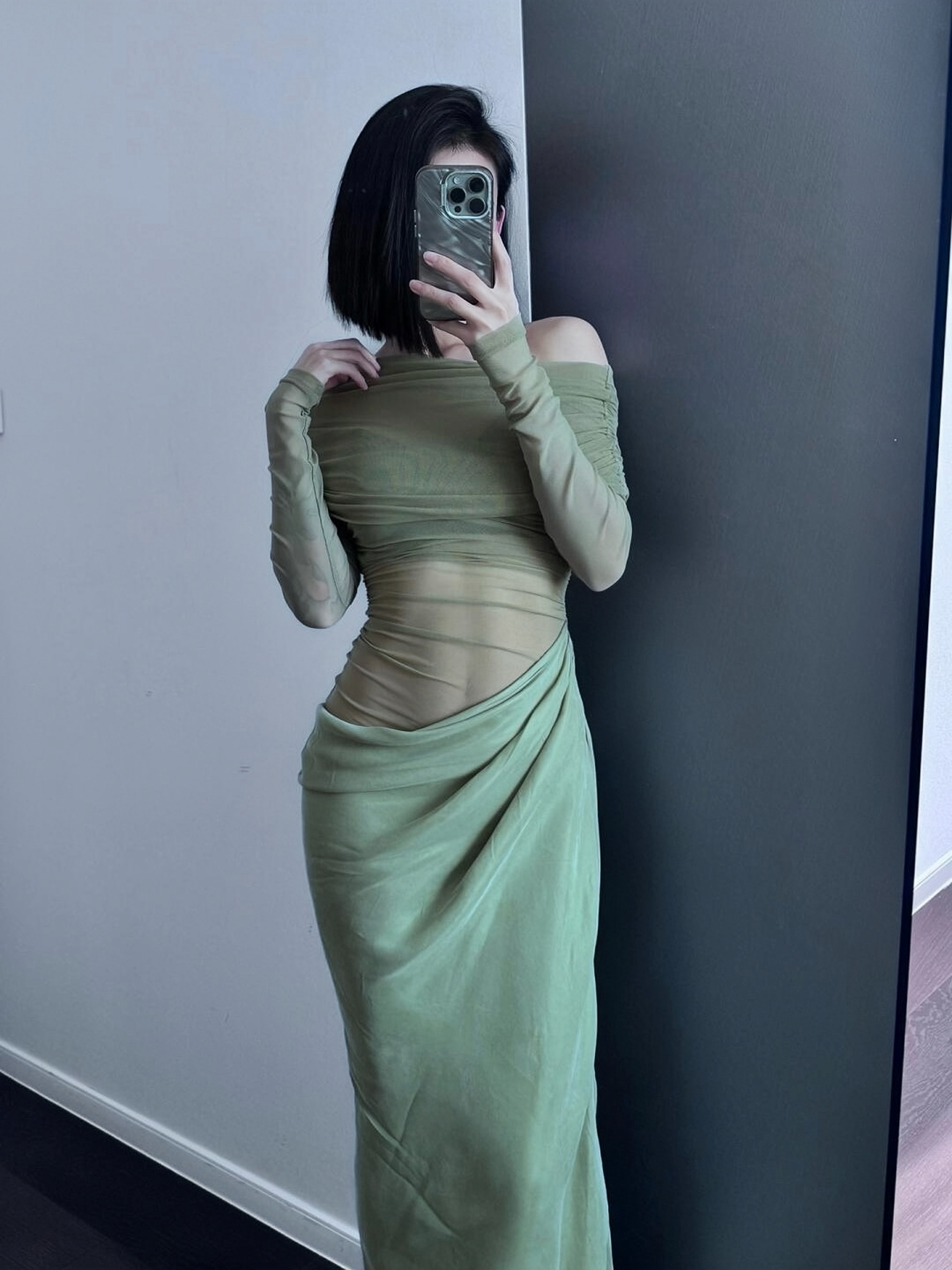 One-Shoulder Spicy Sexy Mesh Dress with Waist-Showing Design – Slightly Sheer Long Skirt, Trendy Korean Style for a Bold Look