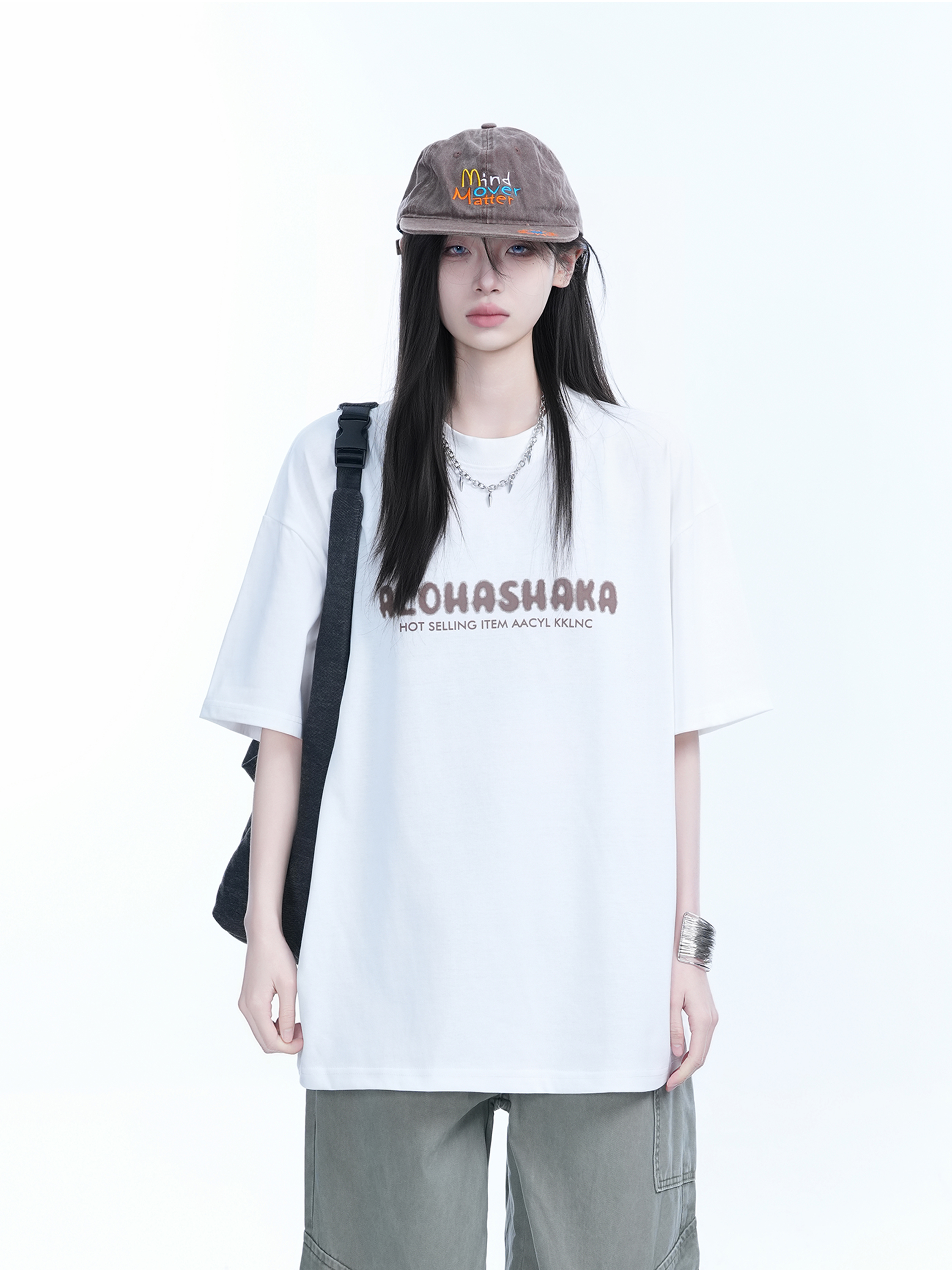 Oversized American Street Style Heavy Short-Sleeve T-Shirt for Women - "Sit and Eat Until the Mountains Are Empty", Casual Y2K Fashion