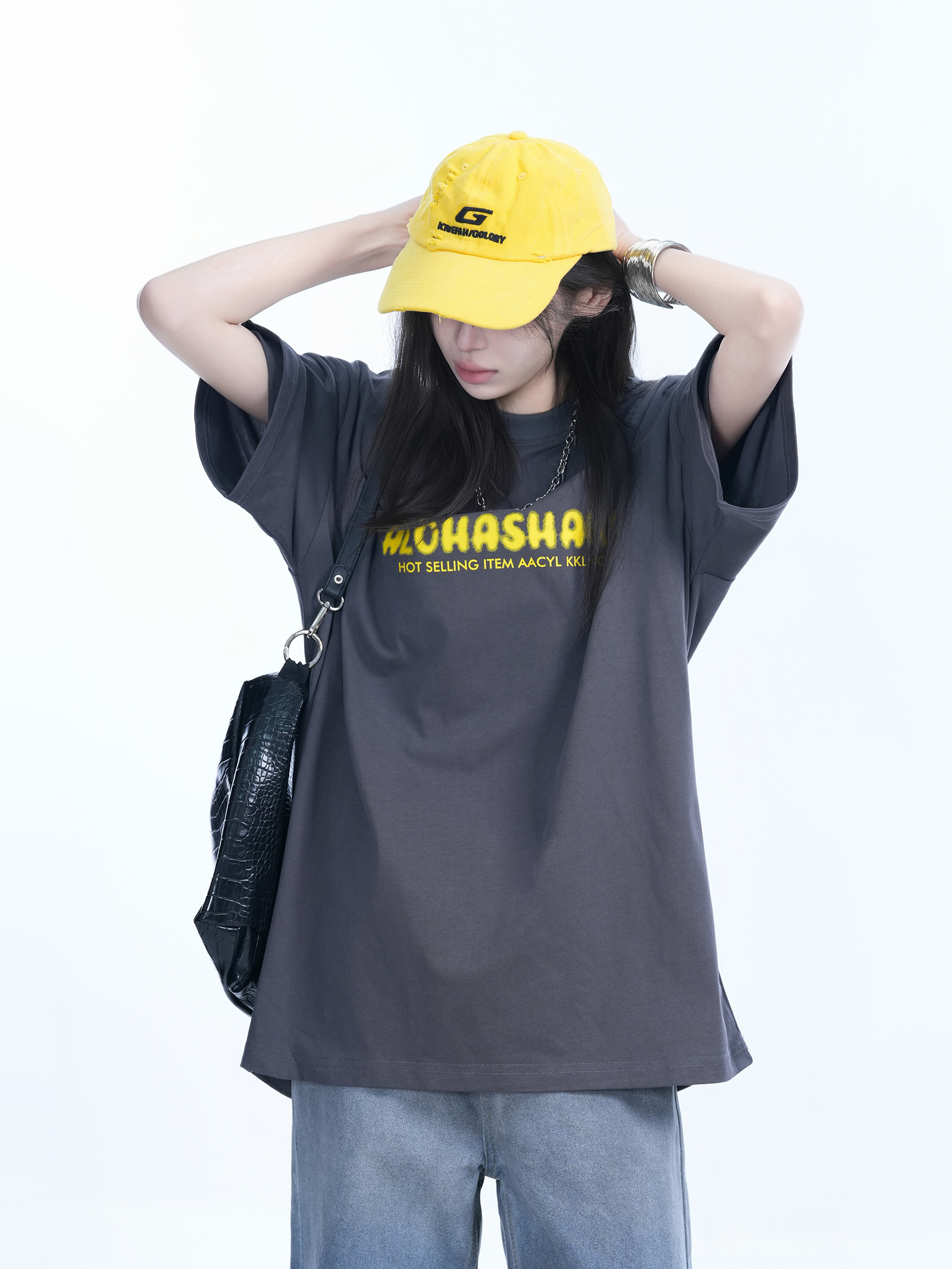 Oversized American Street Style Heavy Short-Sleeve T-Shirt for Women - "Sit and Eat Until the Mountains Are Empty", Casual Y2K Fashion