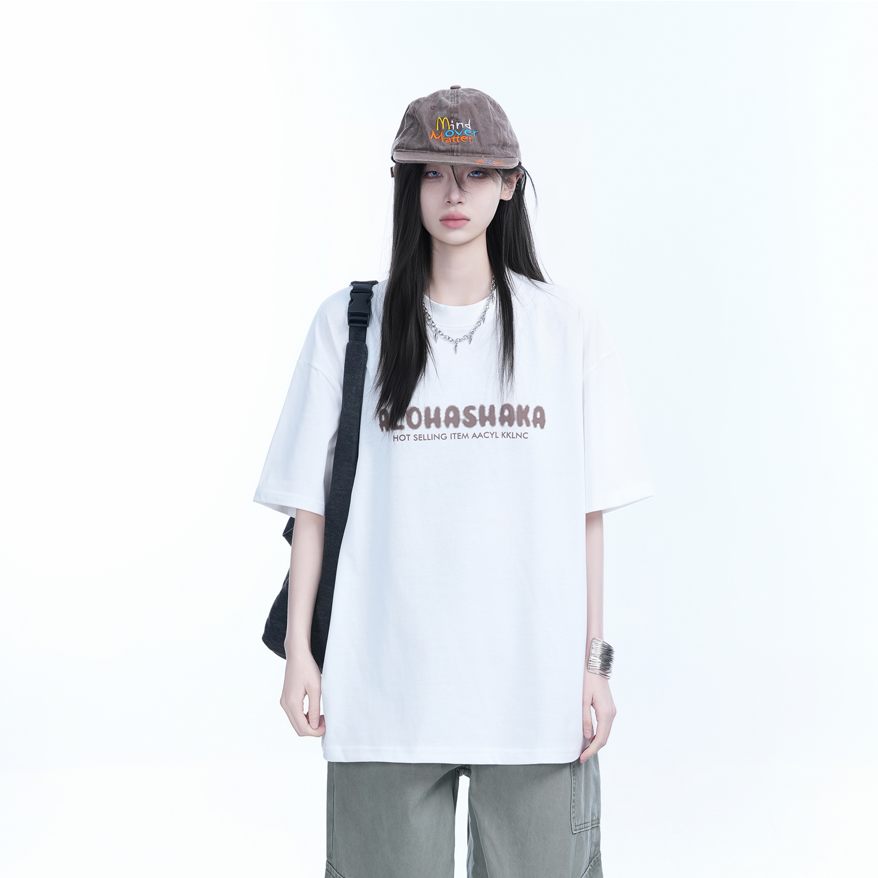 Oversized American Street Style Heavy Short-Sleeve T-Shirt for Women - "Sit and Eat Until the Mountains Are Empty", Casual Y2K Fashion