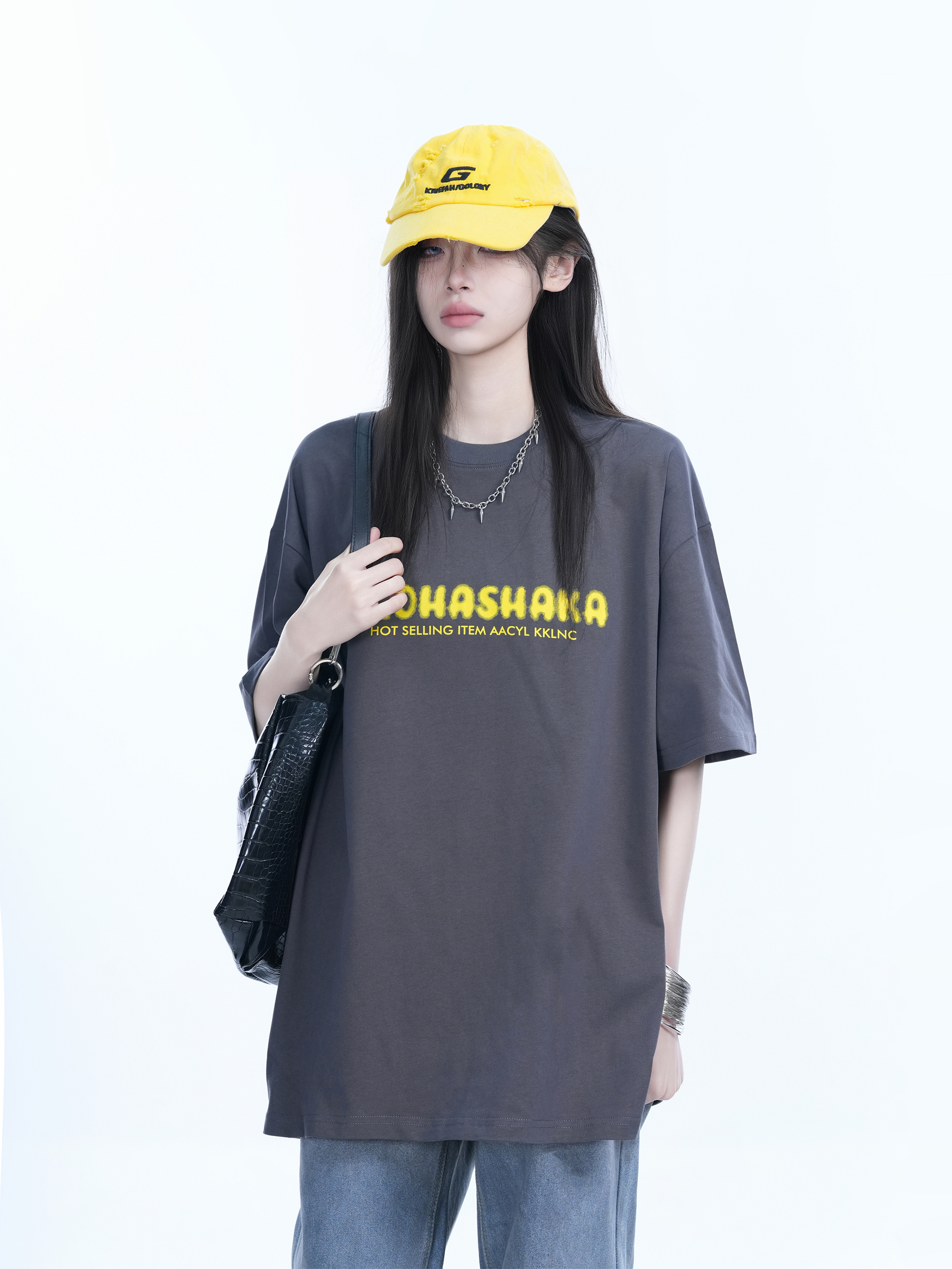 Oversized American Street Style Heavy Short-Sleeve T-Shirt for Women - "Sit and Eat Until the Mountains Are Empty", Casual Y2K Fashion