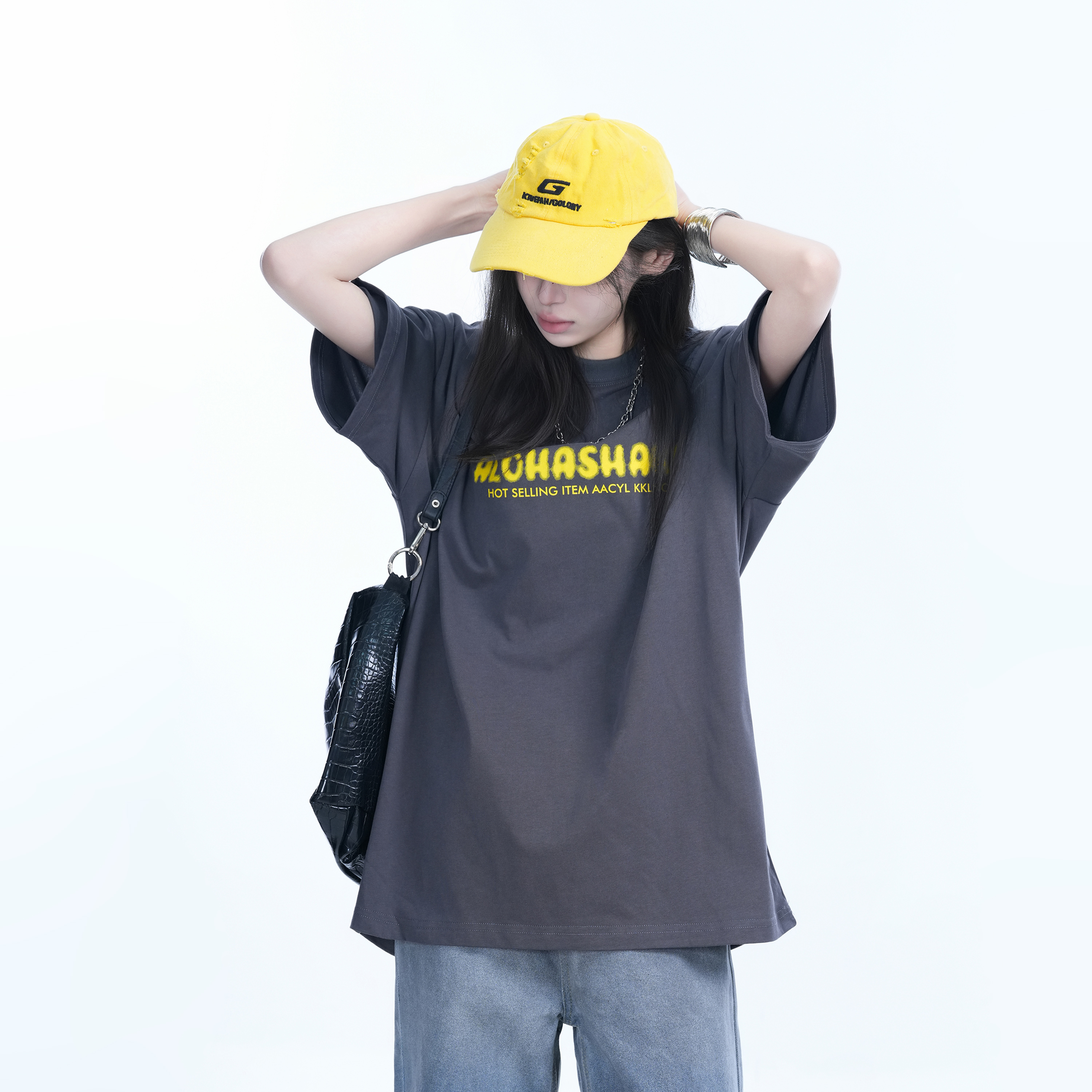 Oversized American Street Style Heavy Short-Sleeve T-Shirt for Women - "Sit and Eat Until the Mountains Are Empty", Casual Y2K Fashion
