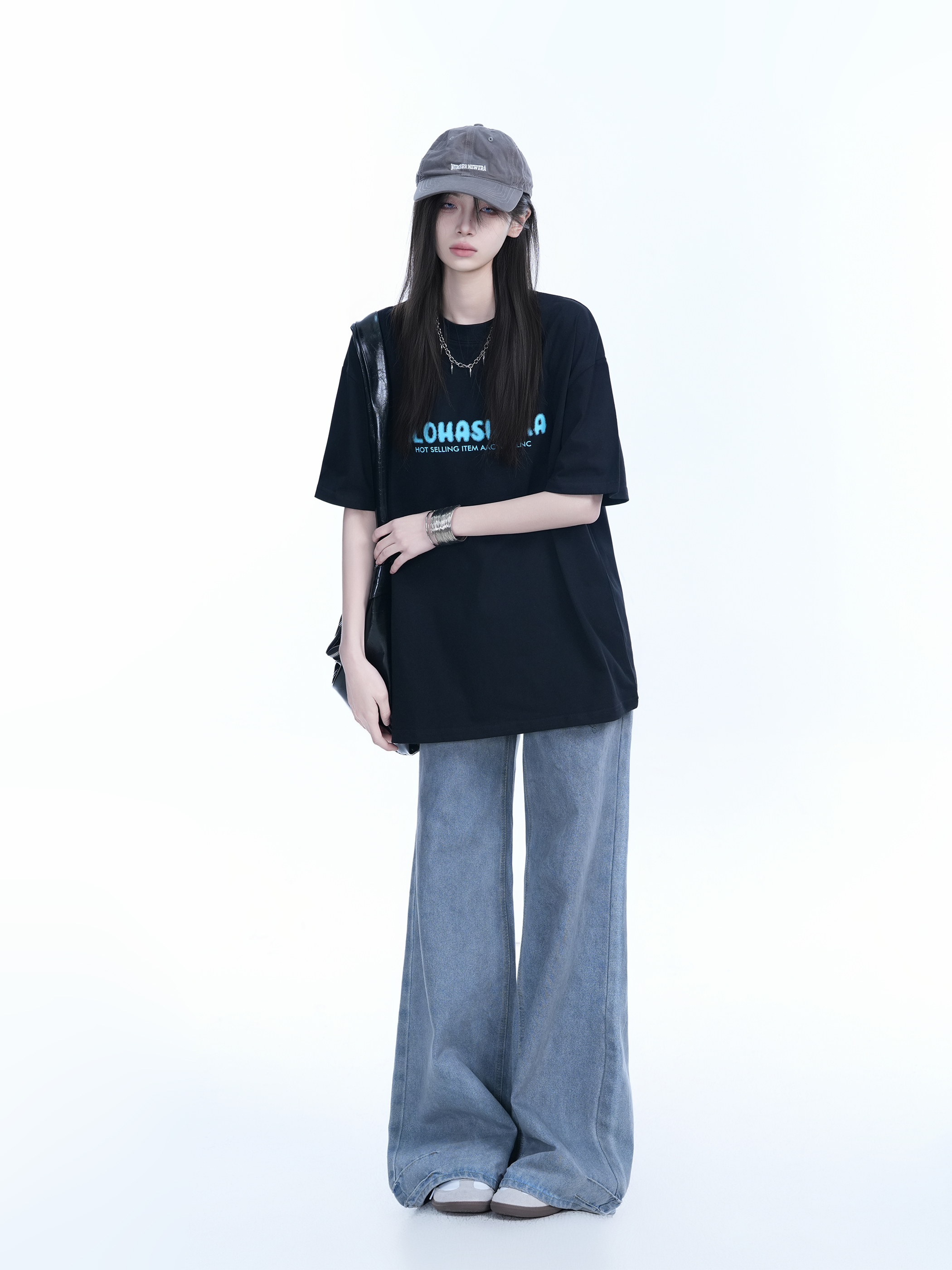 Oversized American Street Style Heavy Short-Sleeve T-Shirt for Women - "Sit and Eat Until the Mountains Are Empty", Casual Y2K Fashion