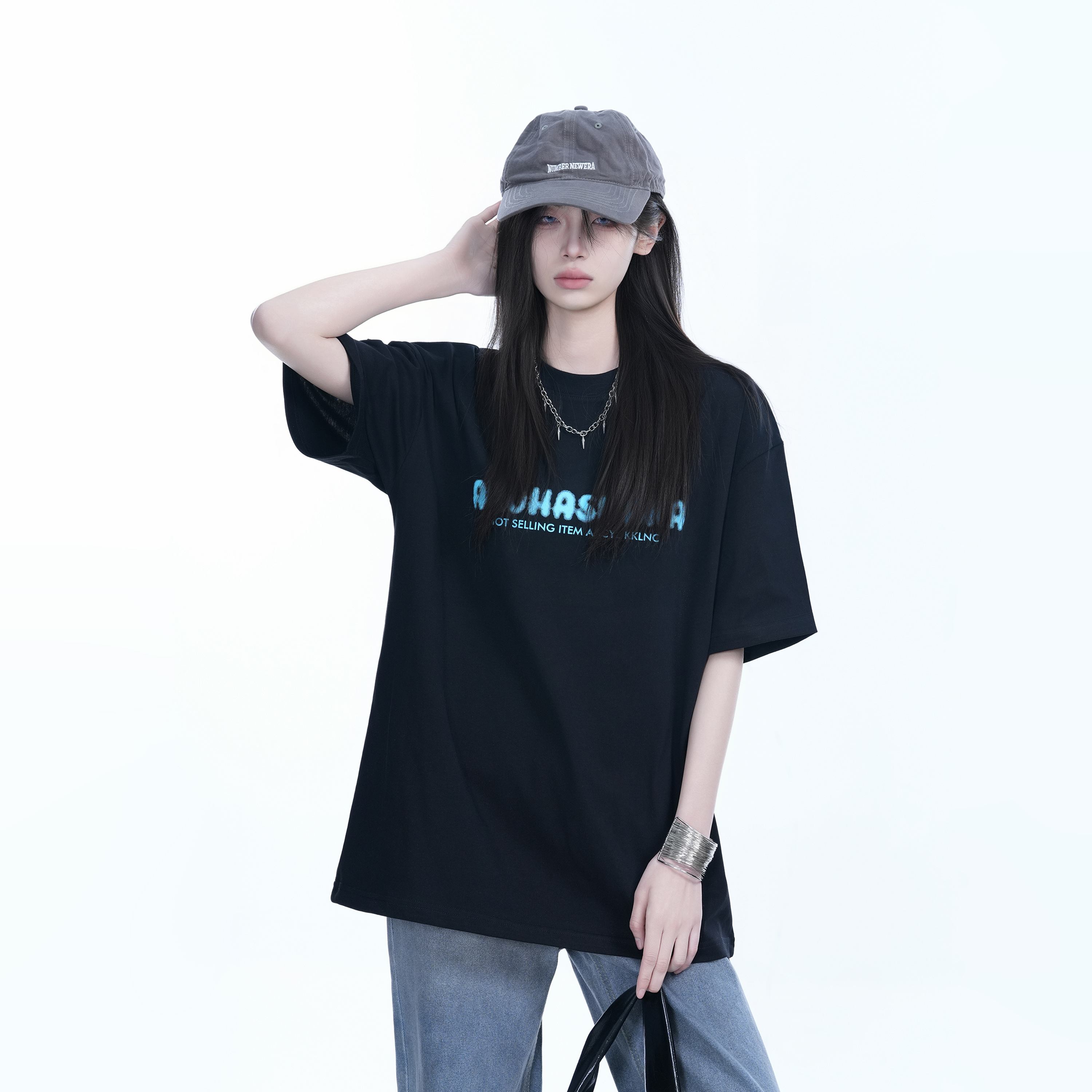 Oversized American Street Style Heavy Short-Sleeve T-Shirt for Women - "Sit and Eat Until the Mountains Are Empty", Casual Y2K Fashion
