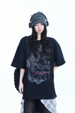 Oversized Black Short Sleeve T-Shirt for Women - American Street Style, Casual Cotton Tee with 