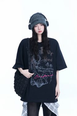 Oversized Black Short Sleeve T-Shirt for Women - American Street Style, Casual Cotton Tee with 