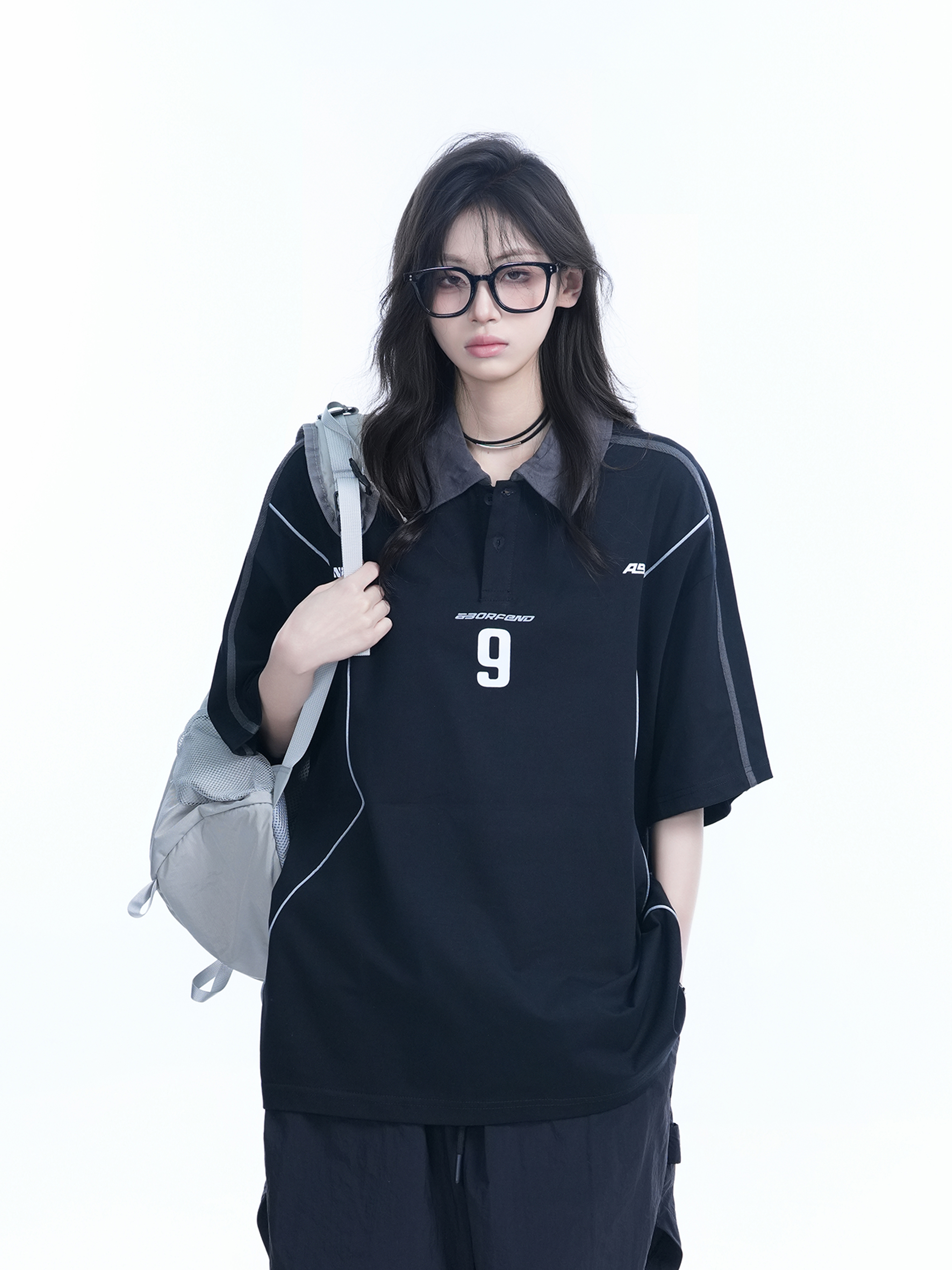 Oversized Black Short Sleeve T-Shirt for Women with American Street Style Collar and Quote, Casual Y2K Fashion Top