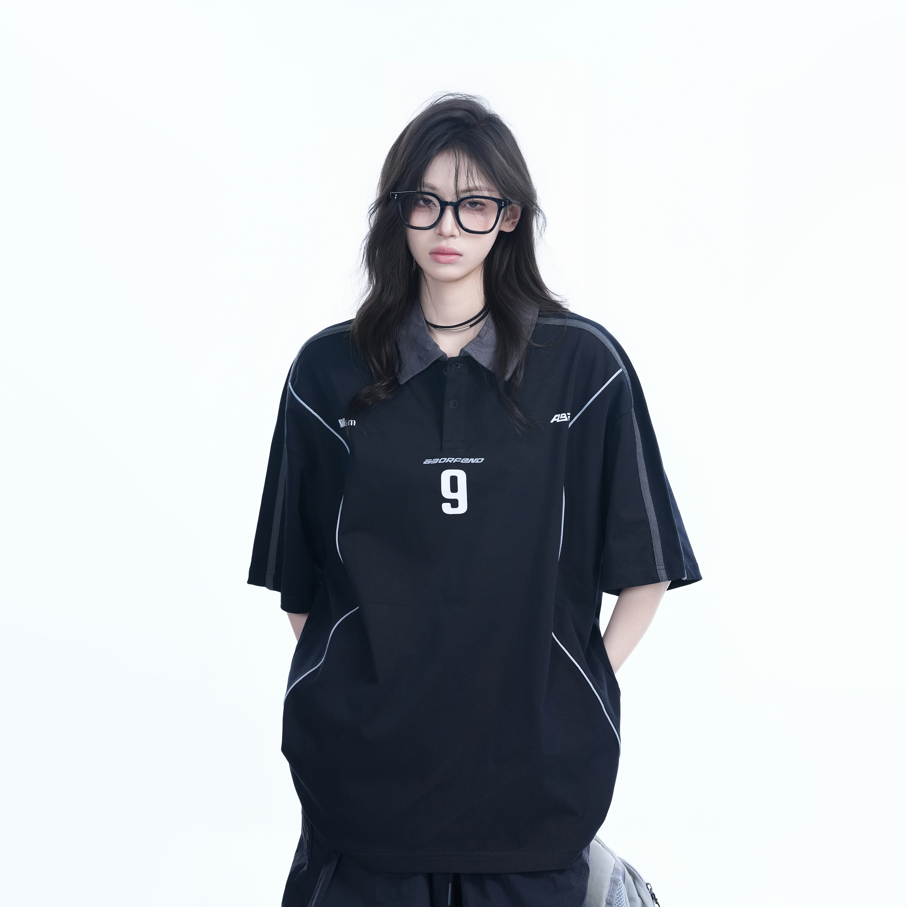 Oversized Black Short Sleeve T-Shirt for Women with American Street Style Collar and Quote, Casual Y2K Fashion Top