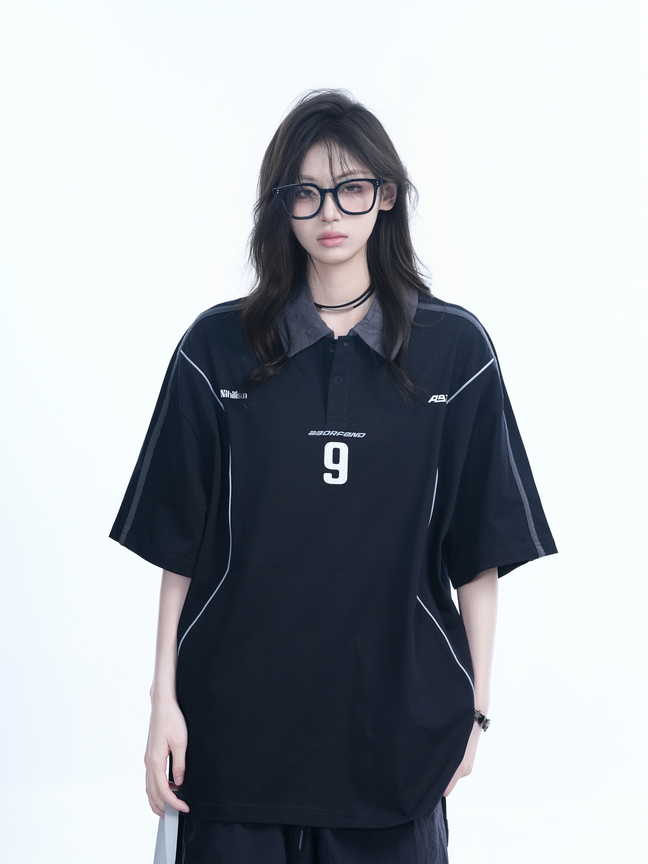 Oversized Black Short Sleeve T-Shirt for Women with American Street Style Collar and Quote, Casual Y2K Fashion Top