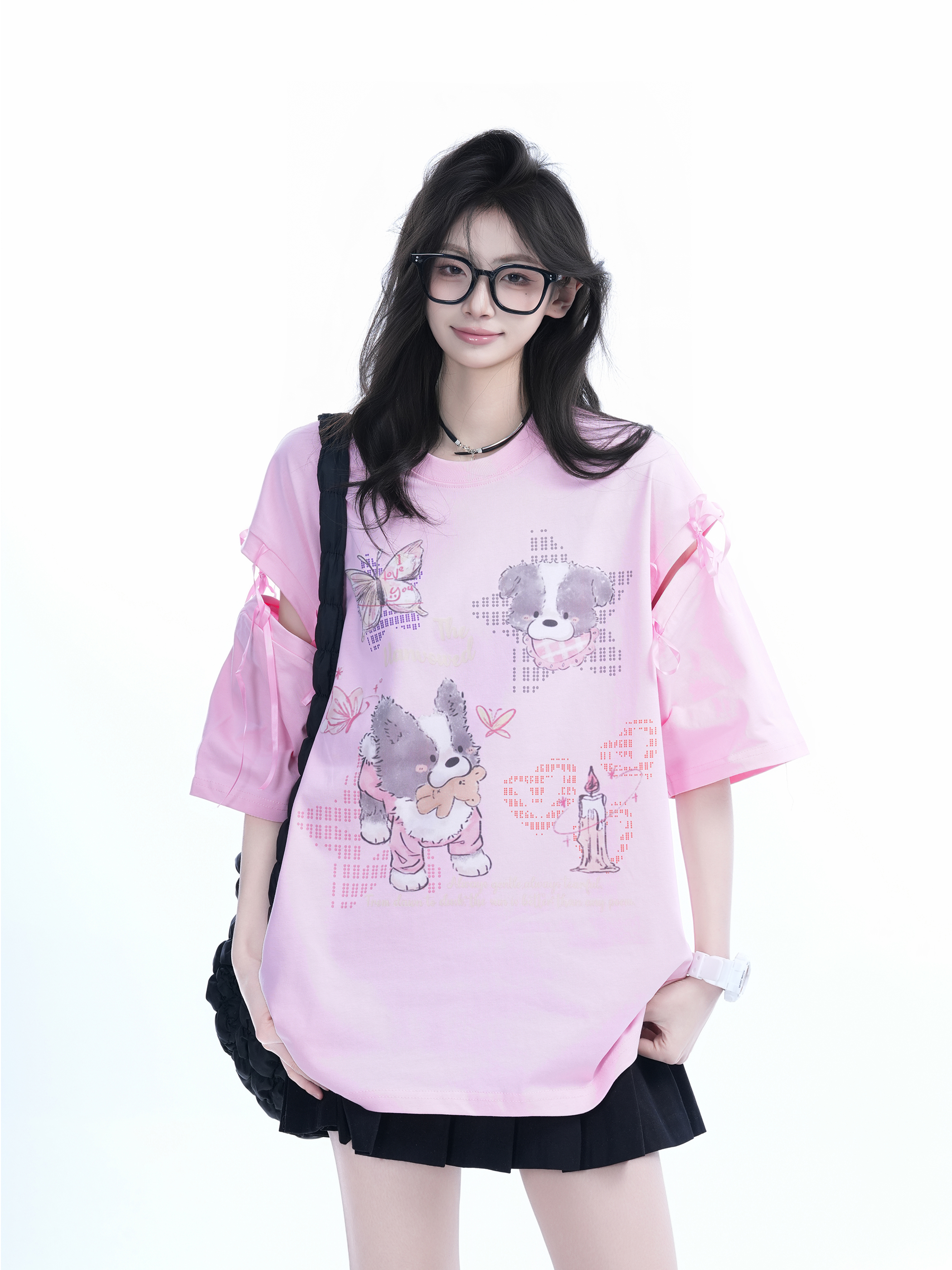 Oversized Cute Bow Half-Sleeve T-Shirt for Women - Sweet Short-Sleeve Tee with Mountain Graphic, Trendy Casual Style