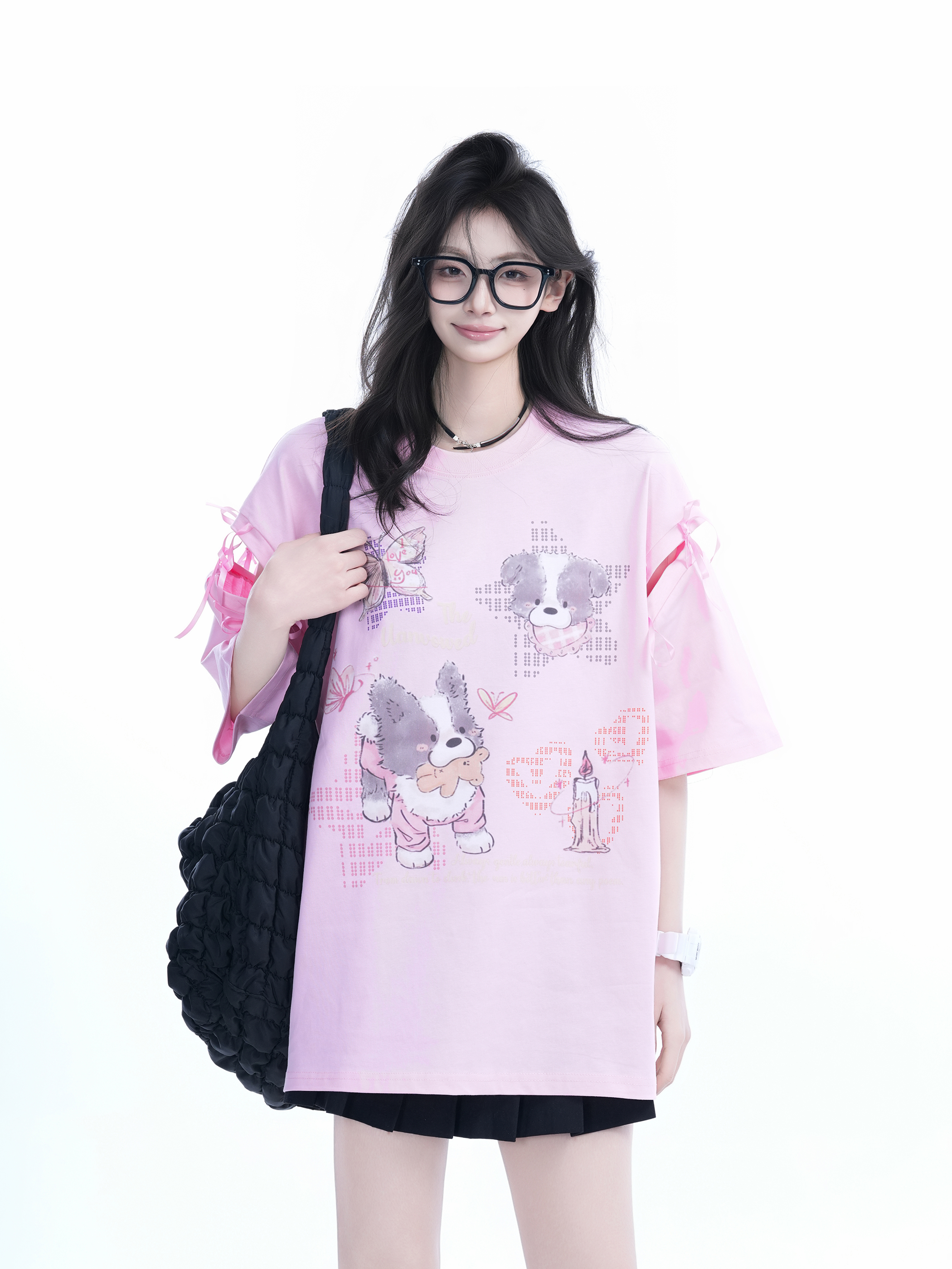Oversized Cute Bow Half-Sleeve T-Shirt for Women - Sweet Short-Sleeve Tee with Mountain Graphic, Trendy Casual Style