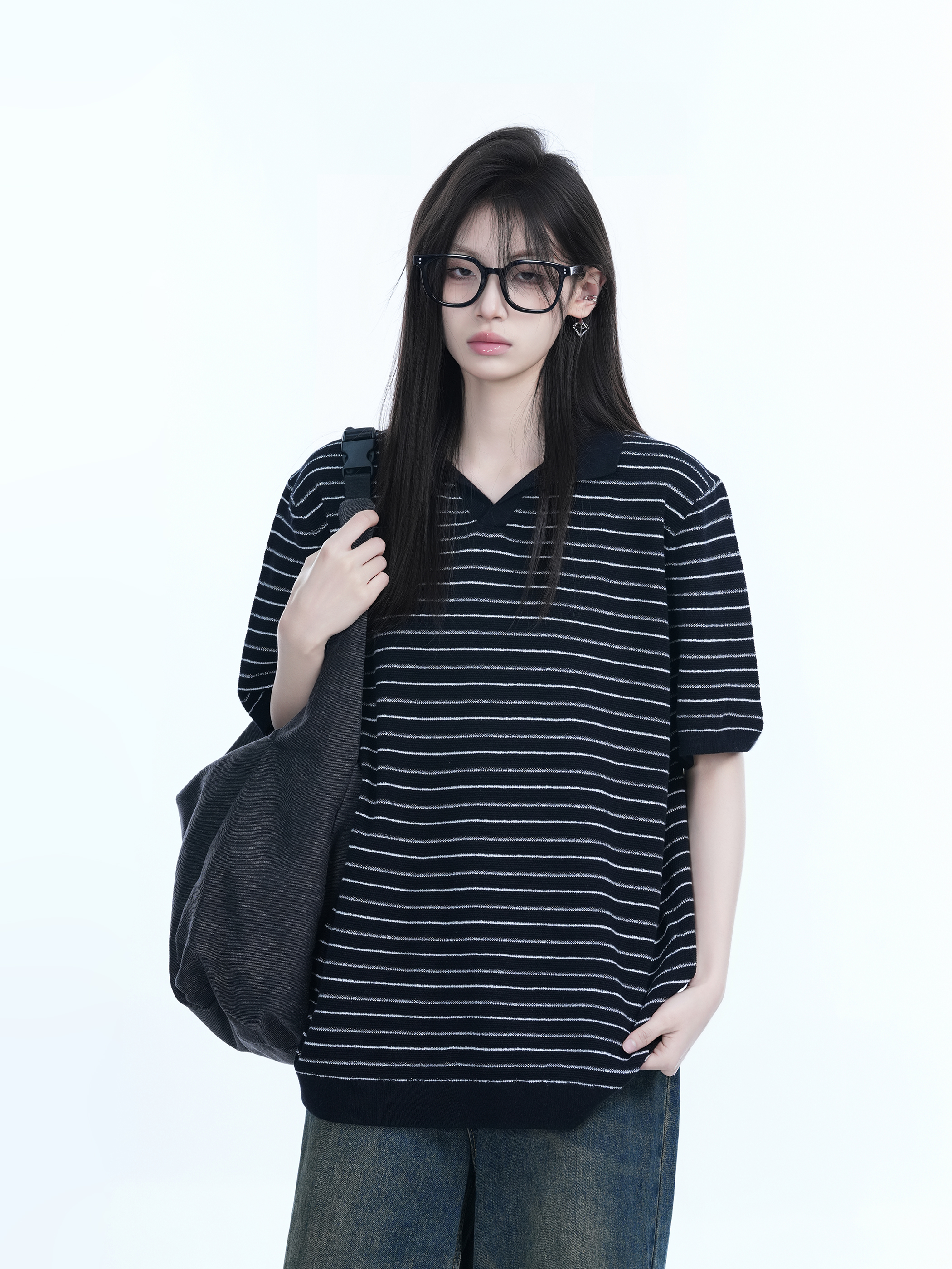 Oversized Retro American-Style Striped Short Sleeve T-Shirt for Women - Heavyweight Casual Fashion Top