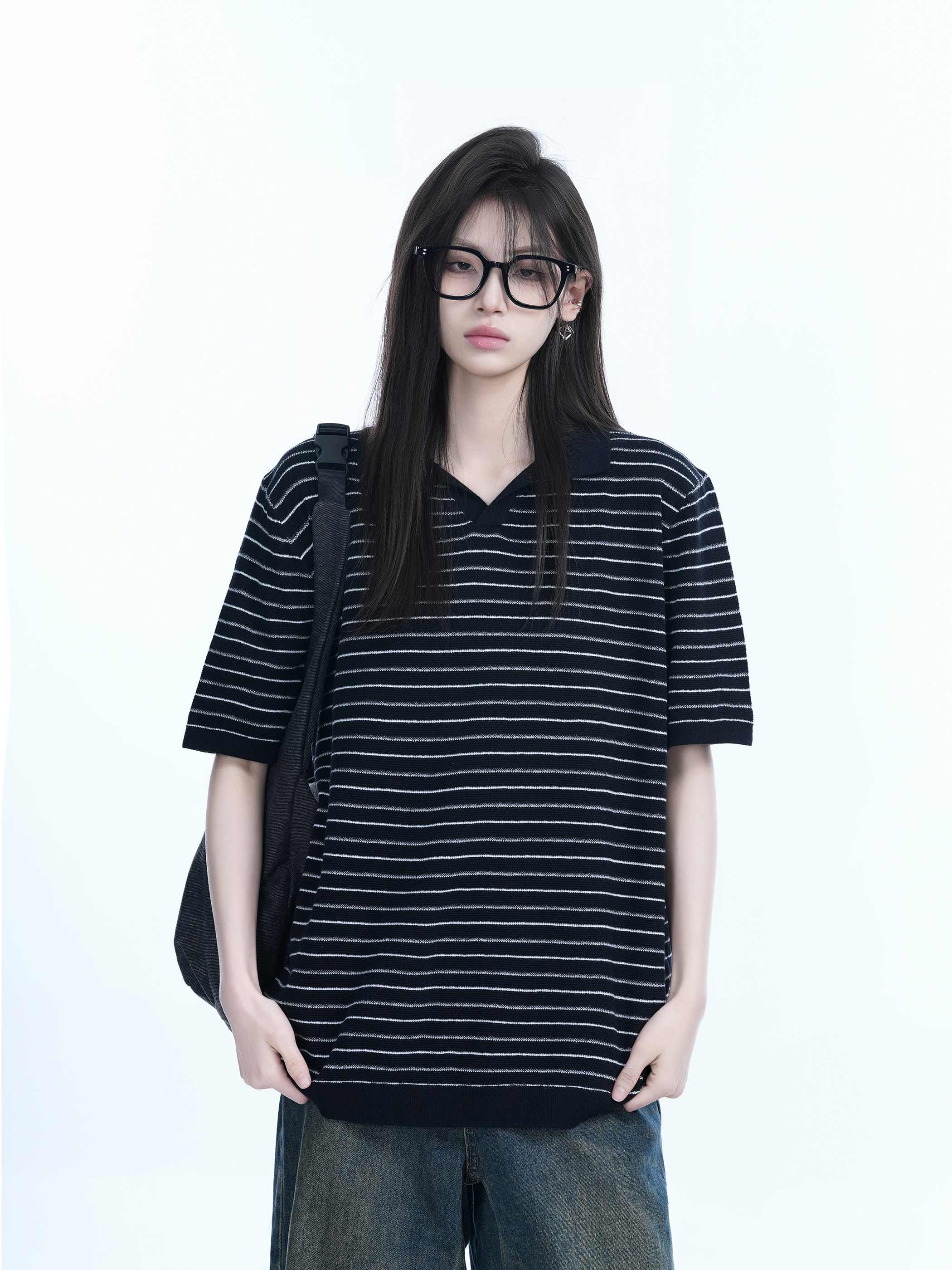 Oversized Retro American-Style Striped Short Sleeve T-Shirt for Women - Heavyweight Casual Fashion Top