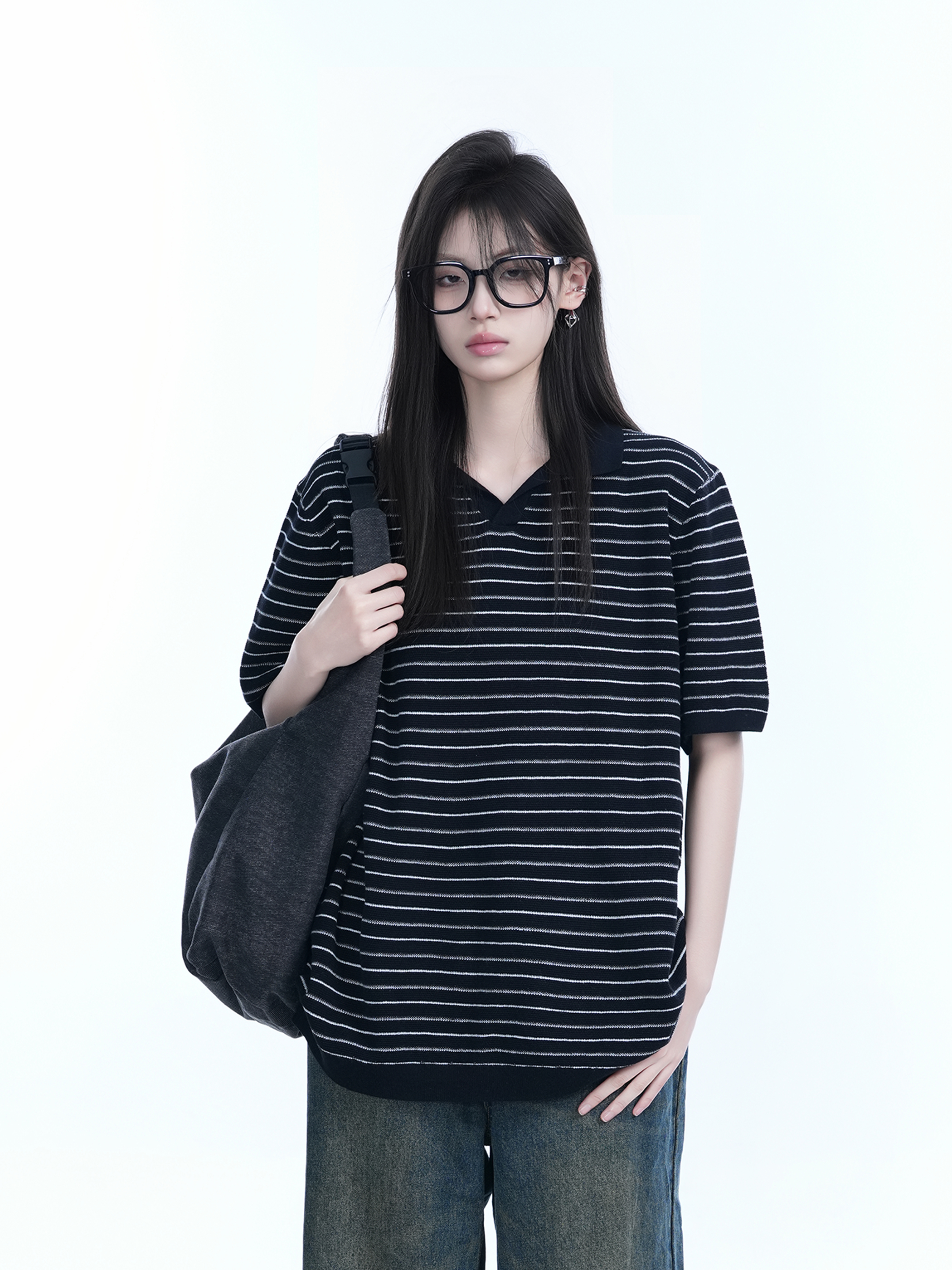 Oversized Retro American-Style Striped Short Sleeve T-Shirt for Women - Heavyweight Casual Fashion Top