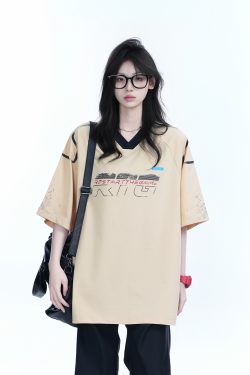 Oversized V-Neck Short Sleeve T-Shirt for Women - American Street Style with 