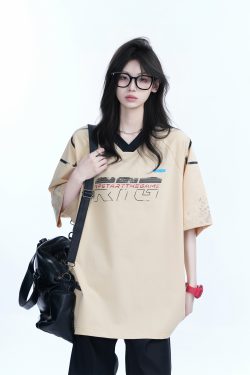 Oversized V-Neck Short Sleeve T-Shirt for Women - American Street Style with 
