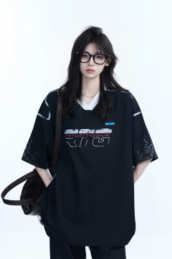 Oversized V-Neck Short Sleeve T-Shirt for Women - American Street Style with 