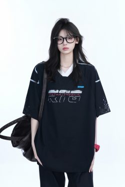 Oversized V-Neck Short Sleeve T-Shirt for Women - American Street Style with 