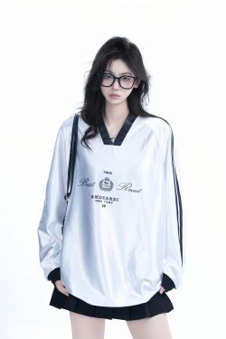 Oversized Women's Color-Blocking Satin Jersey T-Shirt - American Sports Style V-Neck Long Sleeve Trendy Top