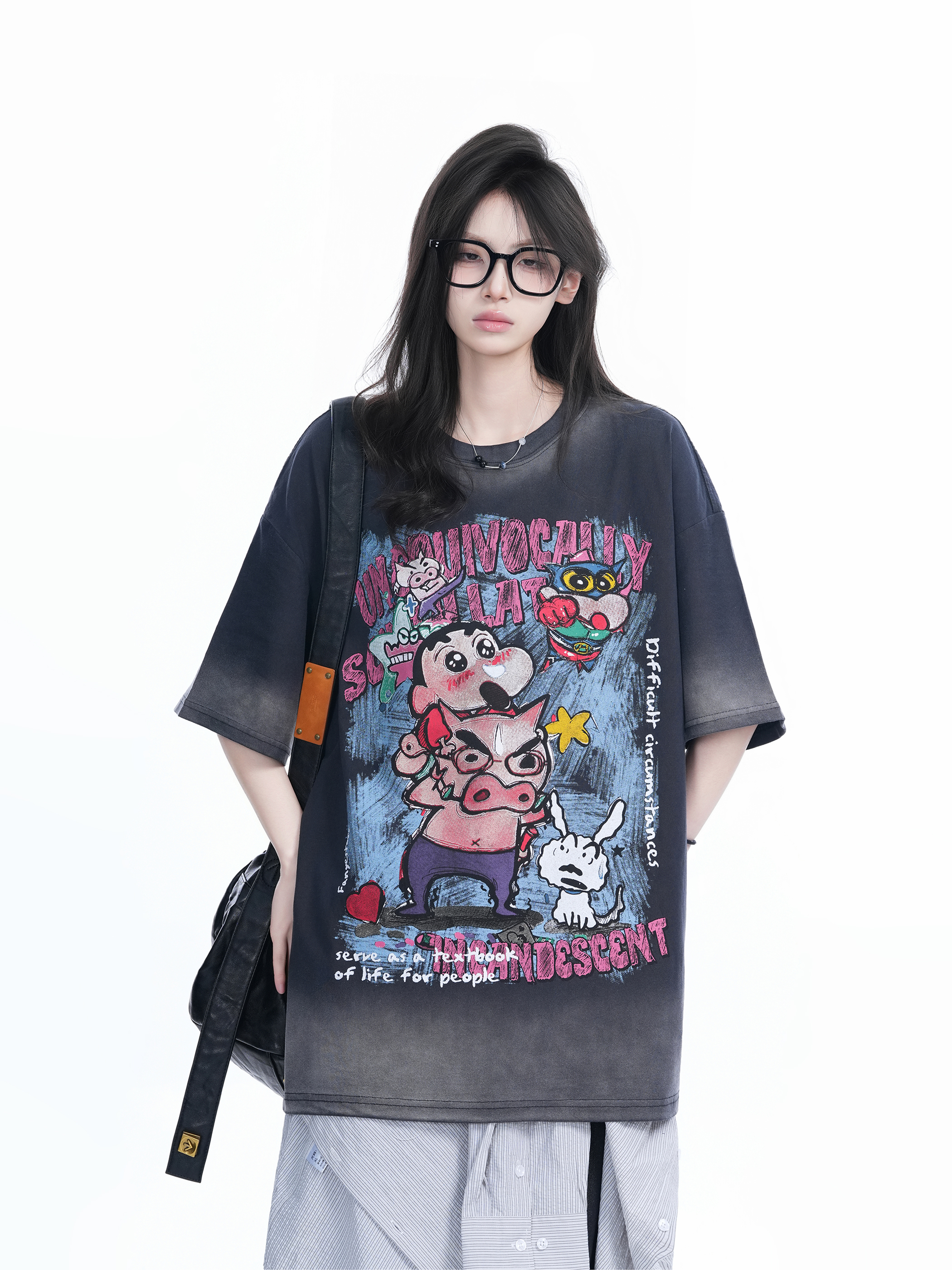 Pink Gradient Cartoon Print Loose-Fit Short-Sleeve T-Shirt for Women - American Style Heavy-Duty Casual Top