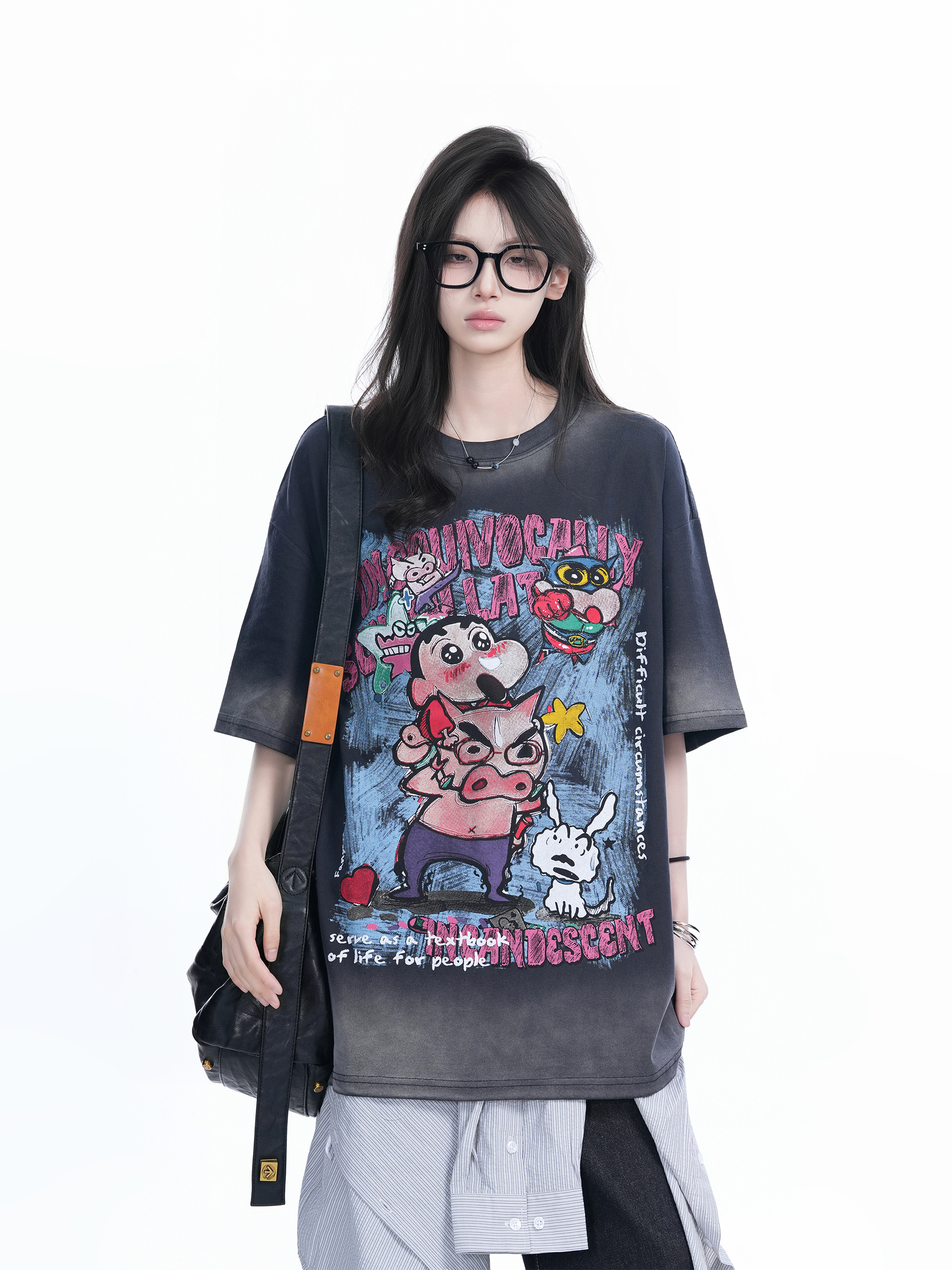Pink Gradient Cartoon Print Loose-Fit Short-Sleeve T-Shirt for Women - American Style Heavy-Duty Casual Top