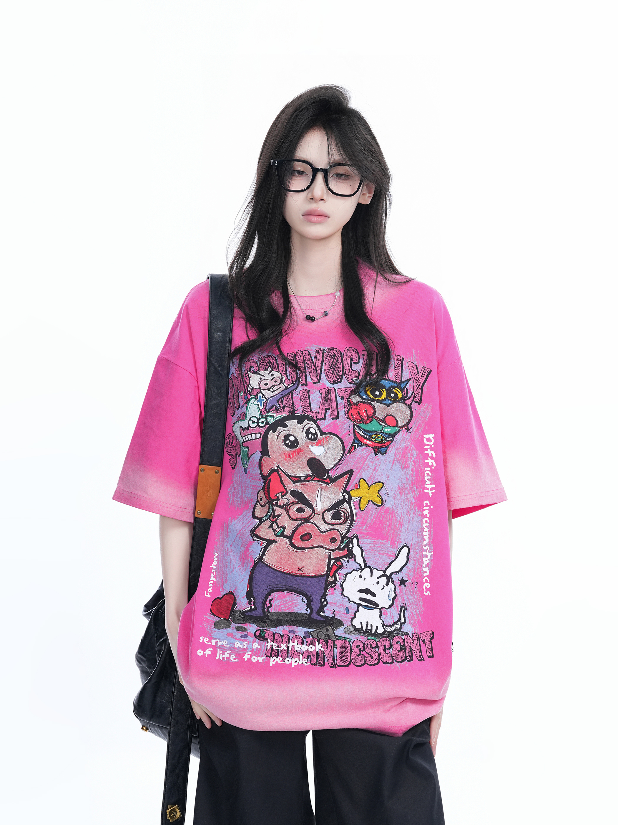 Pink Gradient Cartoon Print Loose-Fit Short-Sleeve T-Shirt for Women - American Style Heavy-Duty Casual Top