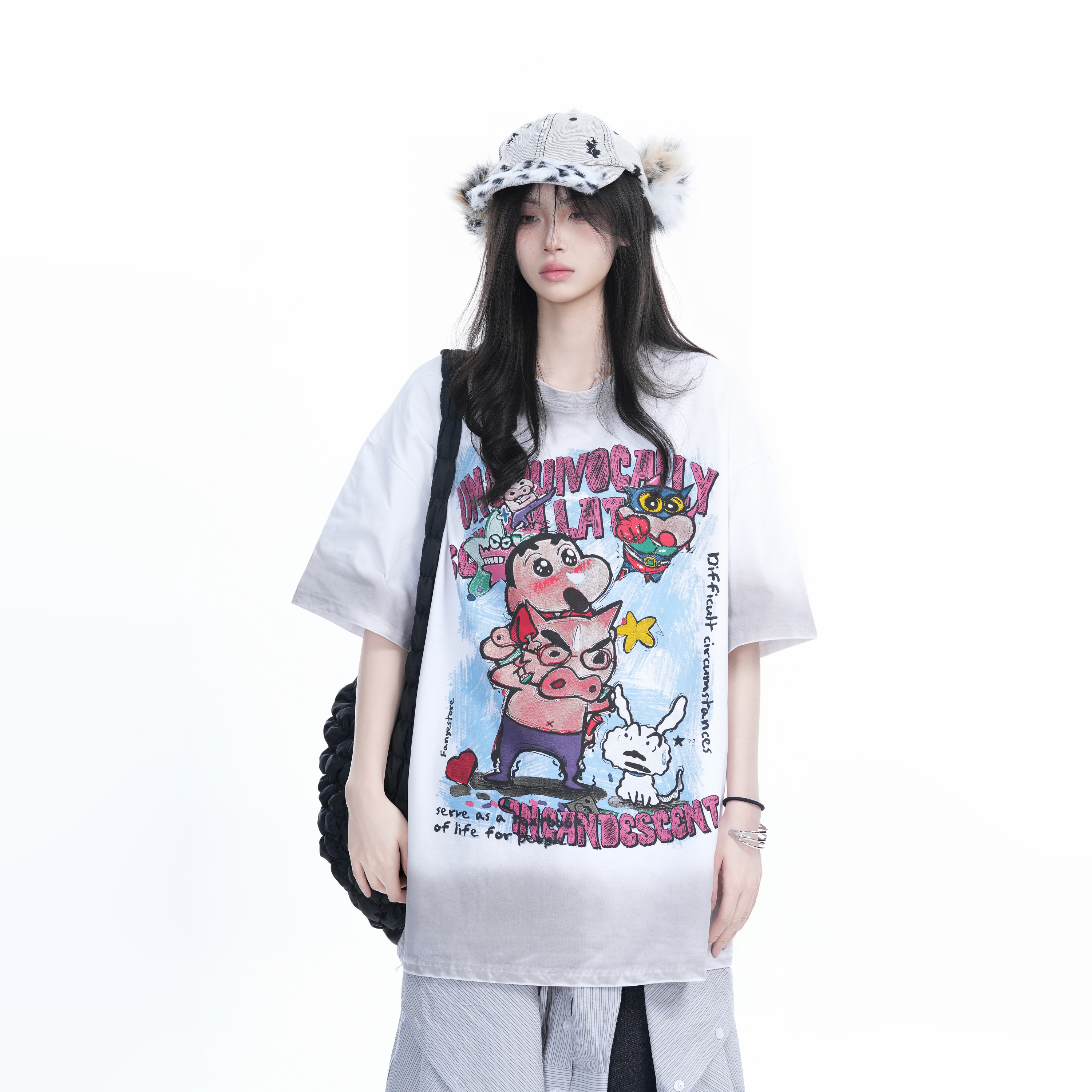 Pink Gradient Cartoon Print Loose-Fit Short-Sleeve T-Shirt for Women - American Style Heavy-Duty Casual Top