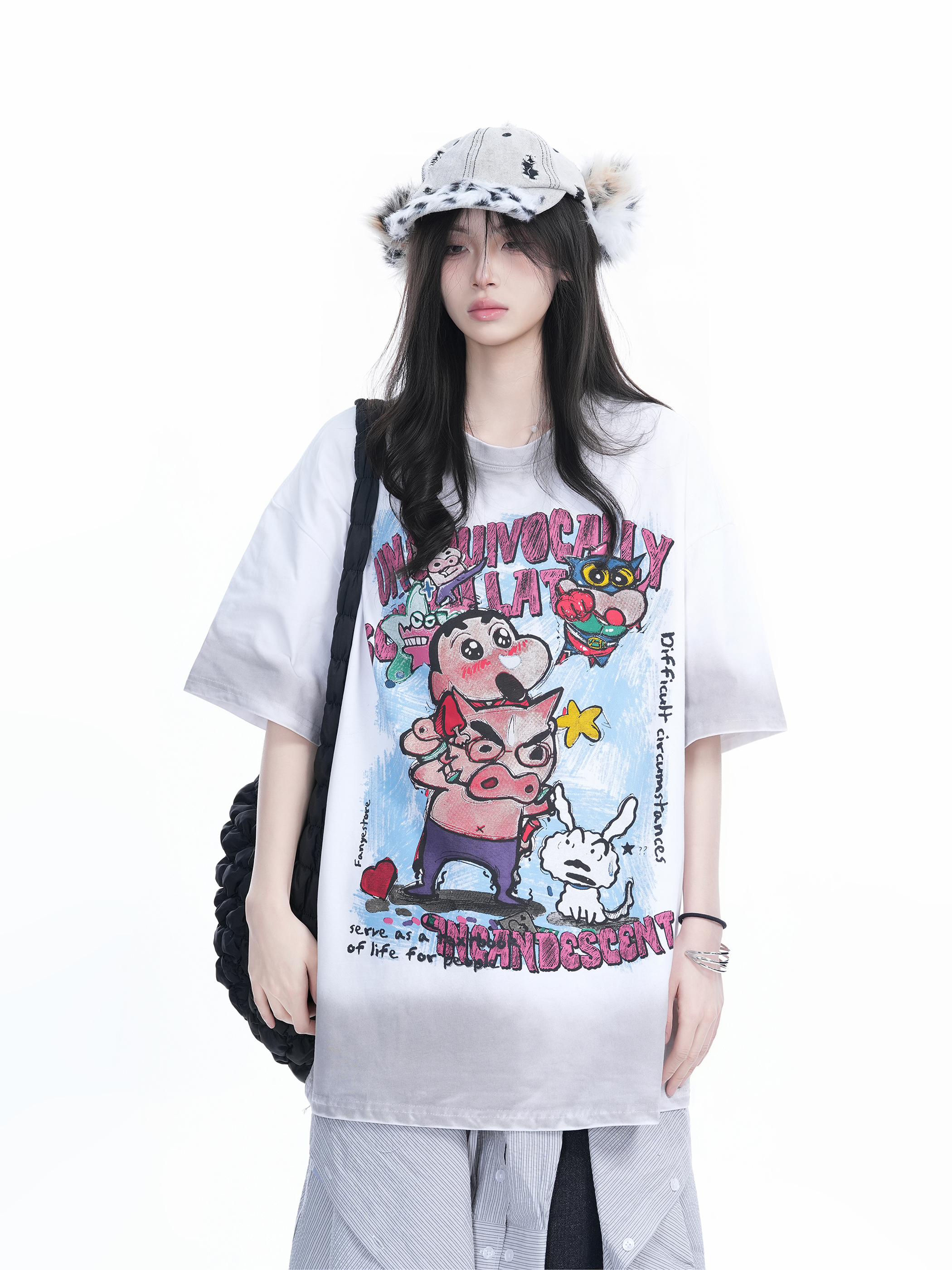 Pink Gradient Cartoon Print Loose-Fit Short-Sleeve T-Shirt for Women - American Style Heavy-Duty Casual Top